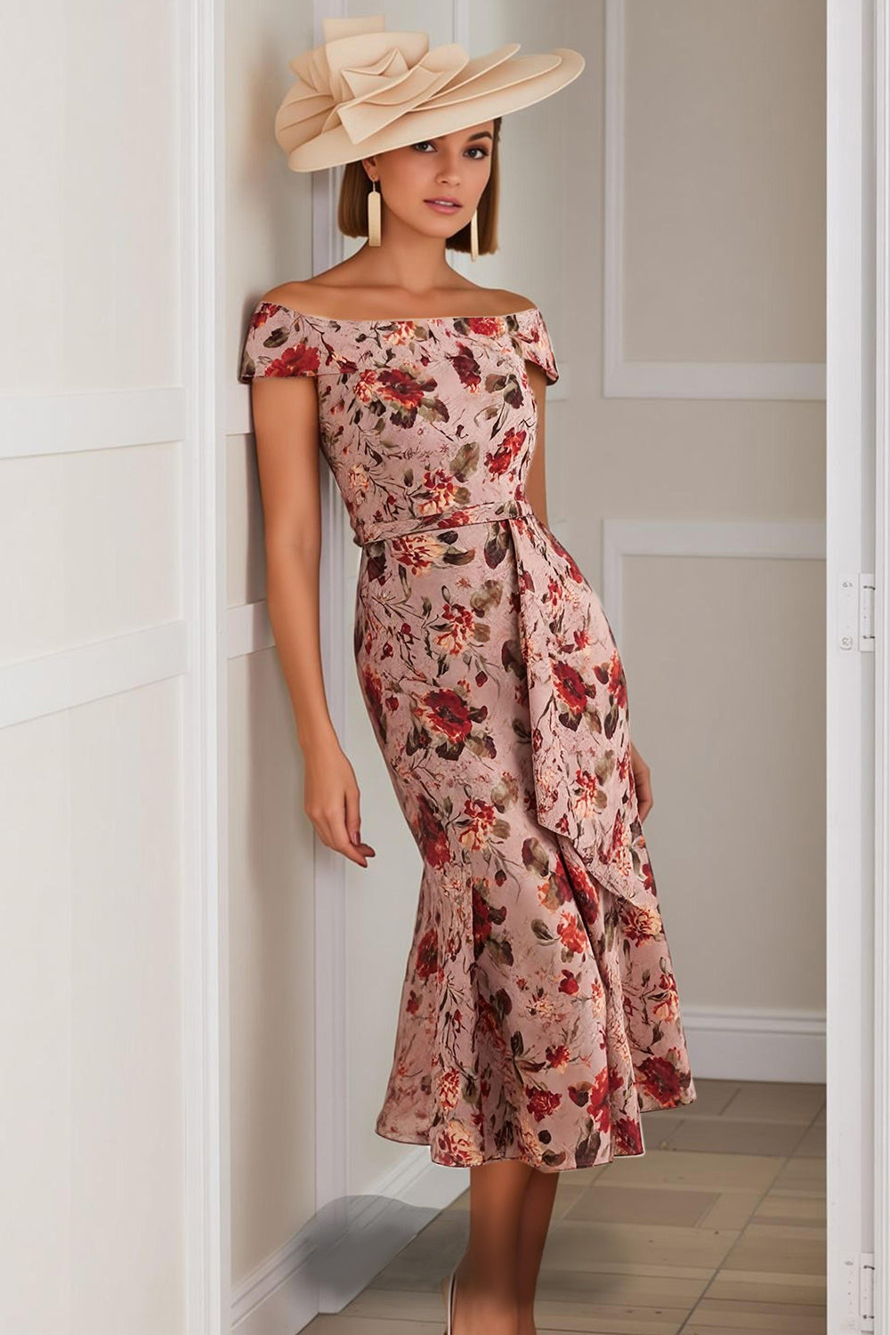 Floral Dusty Rose Mermaid Off the Shoulder Tea-Length Mother of the Bride Dress