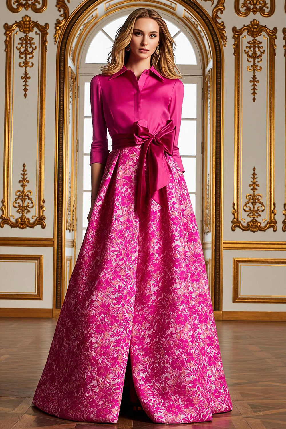 Floral Fuchsia Collar Neck A Line Floor-Length Mother of the Bride Dress with Slit