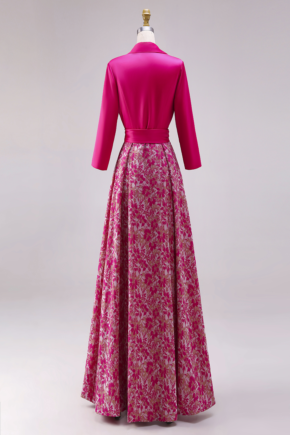 Floral Fuchsia Collar Neck A Line Floor-Length Mother of the Bride Dress with Slit