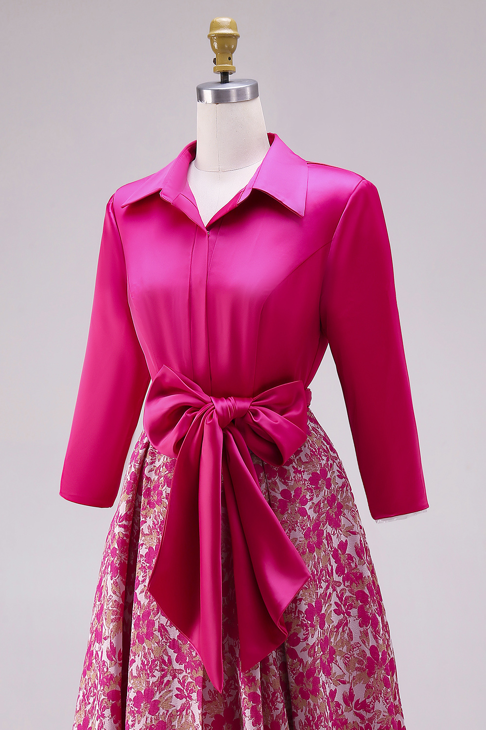 Floral Fuchsia Collar Neck A Line Floor-Length Mother of the Bride Dress with Slit