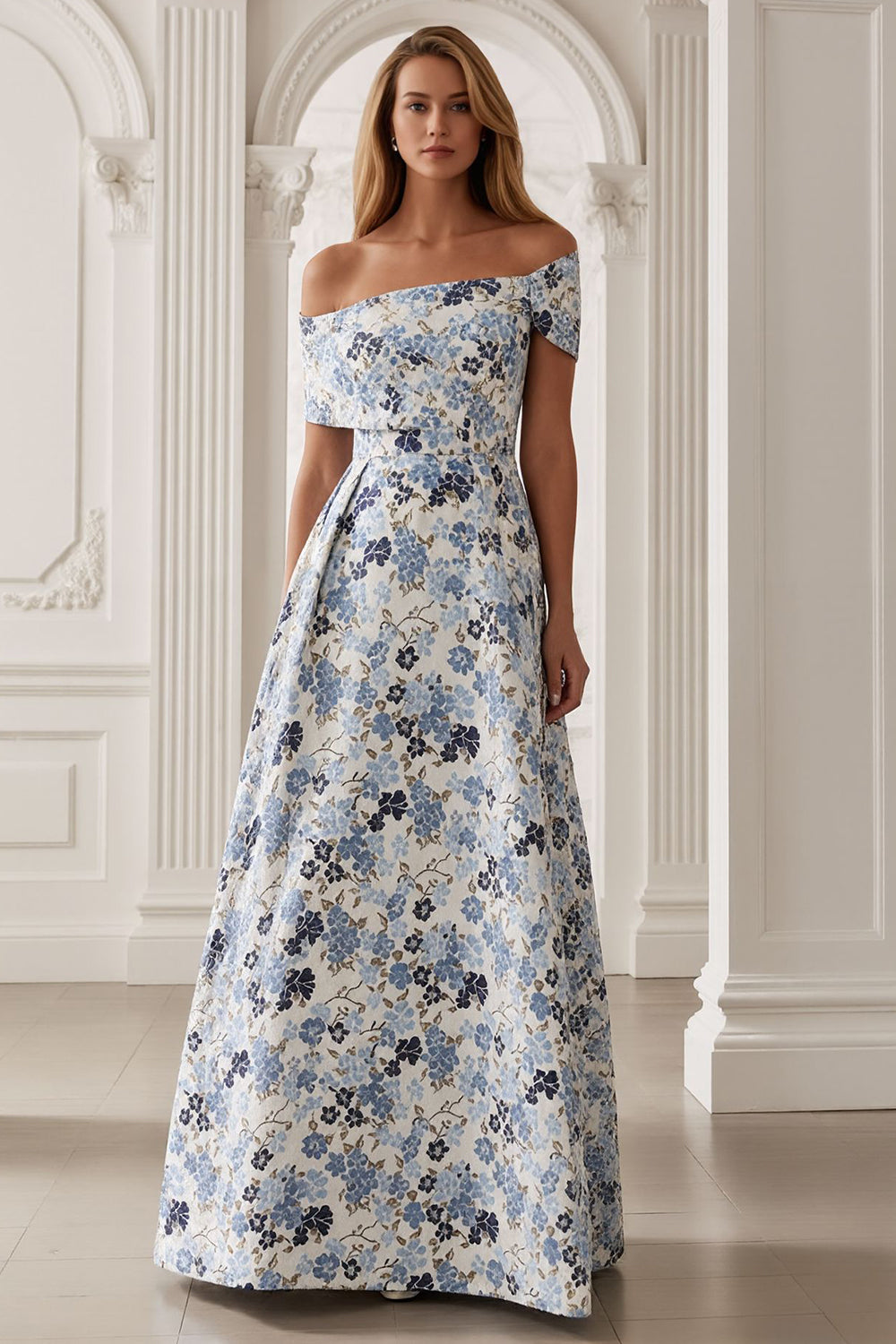 Floral Blue Off the Shoulder A-Line Floor-Length Mother of the Bride Dress