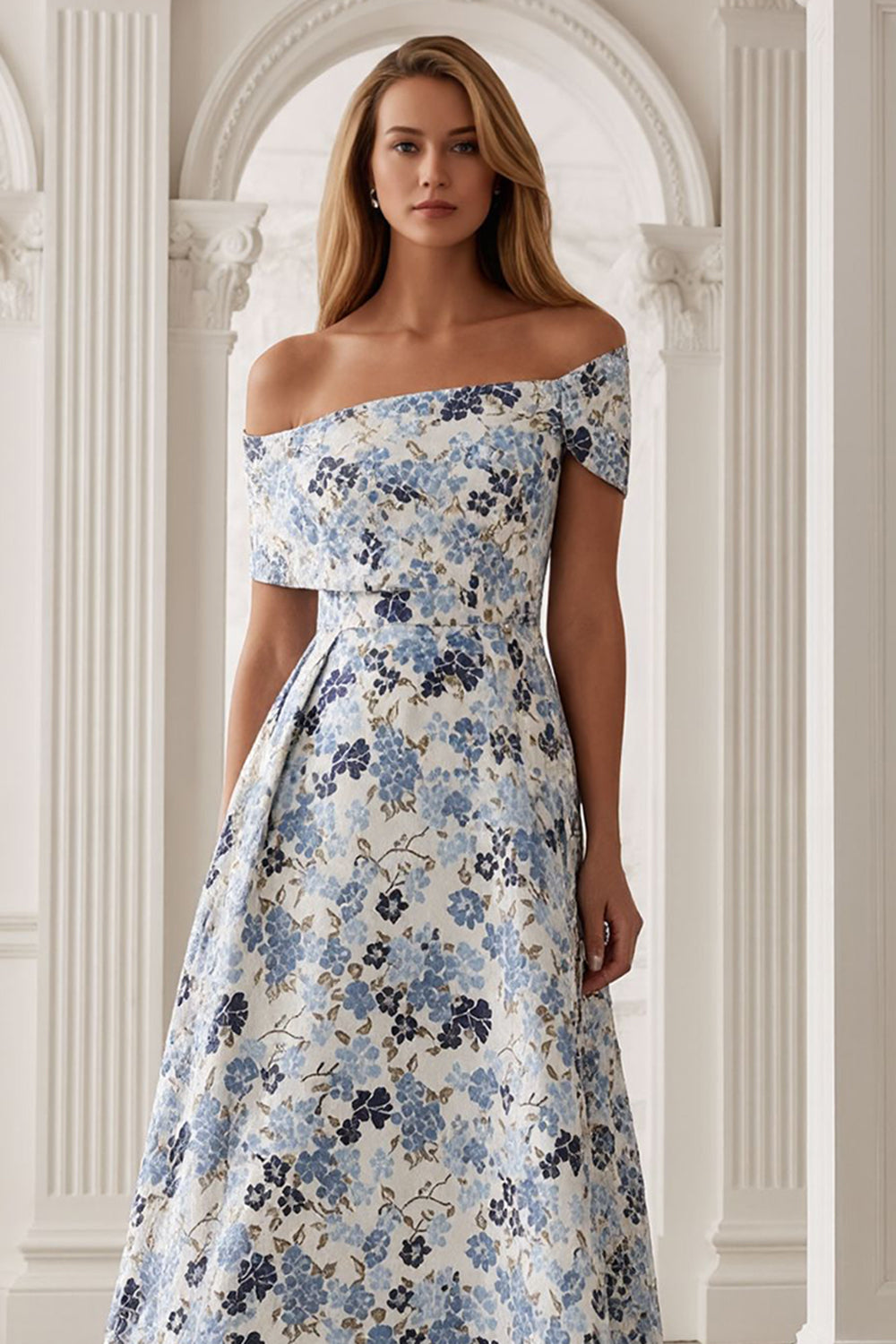 Floral Blue Off the Shoulder A-Line Floor-Length Mother of the Bride Dress