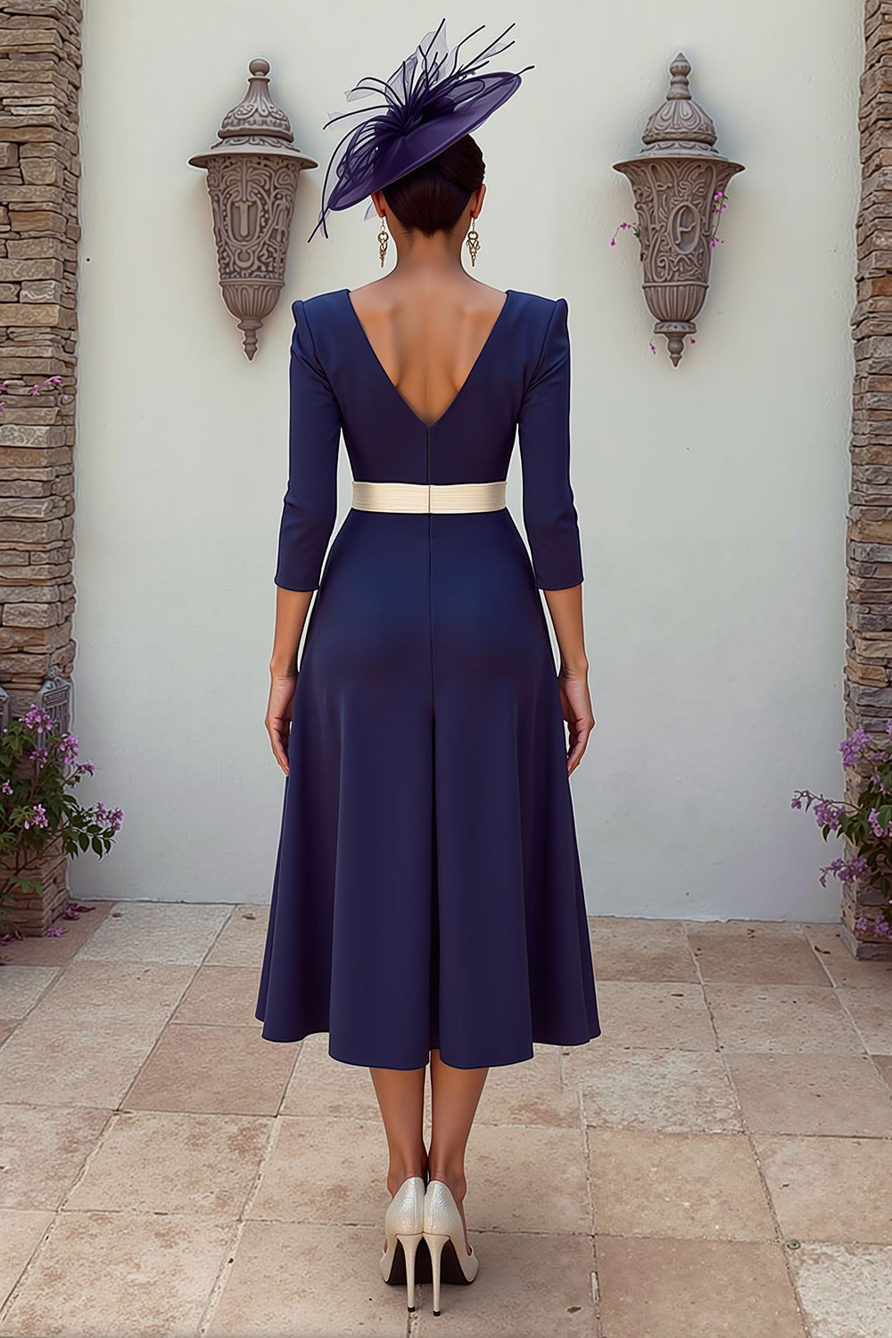 Floral Navy V-Neck Pleated Tea-Length Mother of the Bride Dress with Appliques