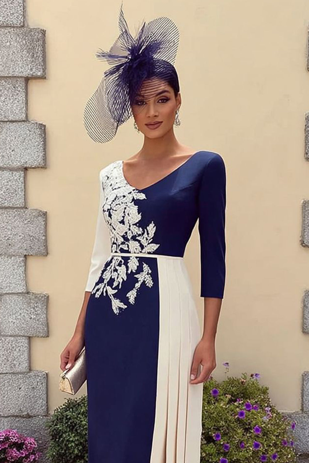 Navy 3/4 Sleeves Bodycon Tea-Length Mother of the Bride Dress with Appliques