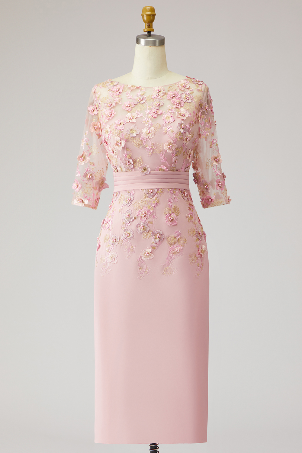 Floral Dusty Rose Boat Neck Tea-Length Mother of the Bride Dress with Sleeves
