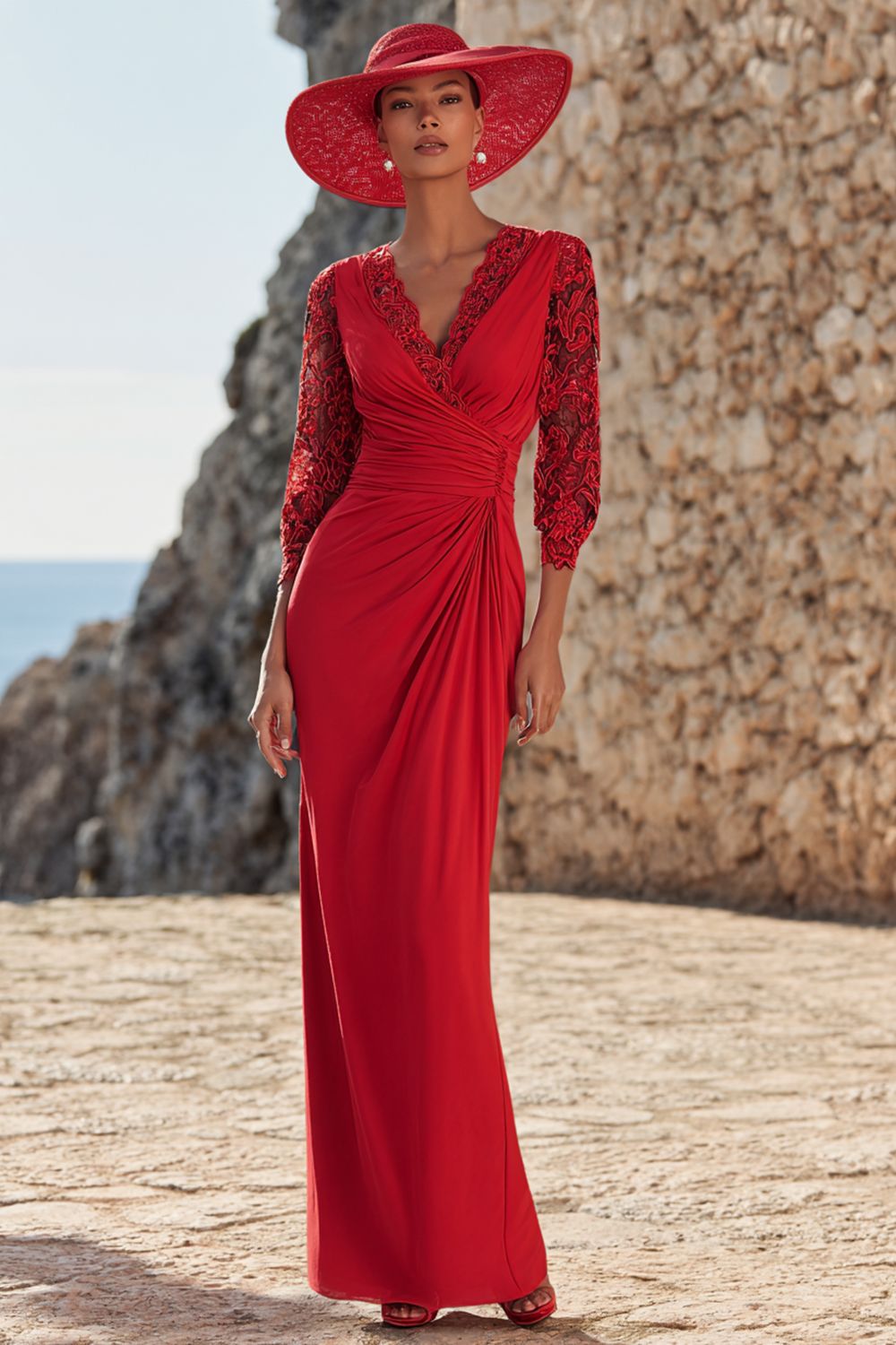 Red Sheath V-Neck Ruched Floor-length Mother of the Bride Dress with Lace