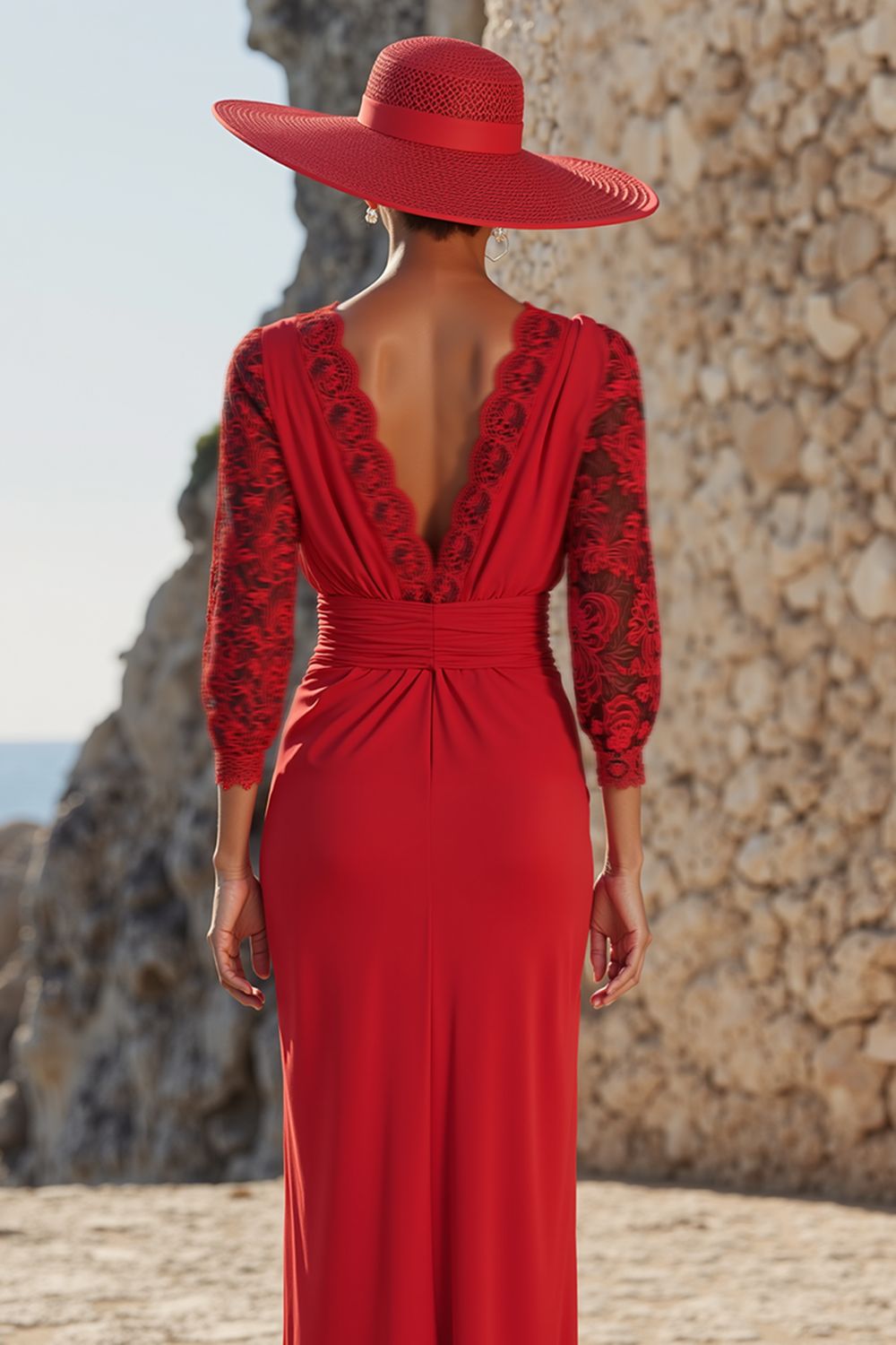 Red Sheath V-Neck Ruched Floor-length Mother of the Bride Dress with Lace