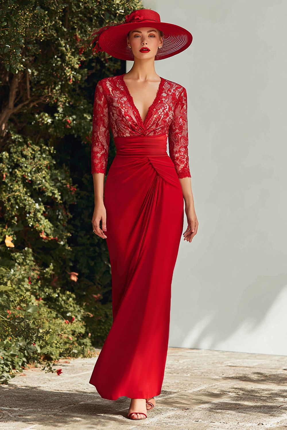 Red V-Neck Sheath Chiffon Floor-Length Mother of the Bride Dress with Sleeves