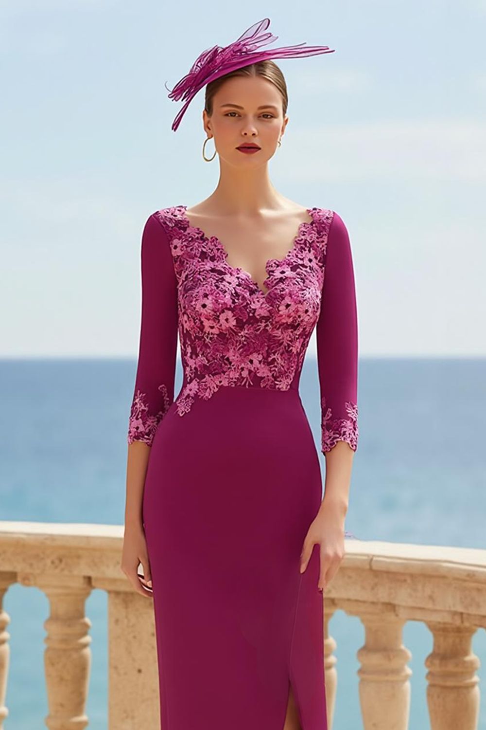 Floral Fuchsia V-Neck Sheath High-Low Mother of the Bride Dress with Sleeves