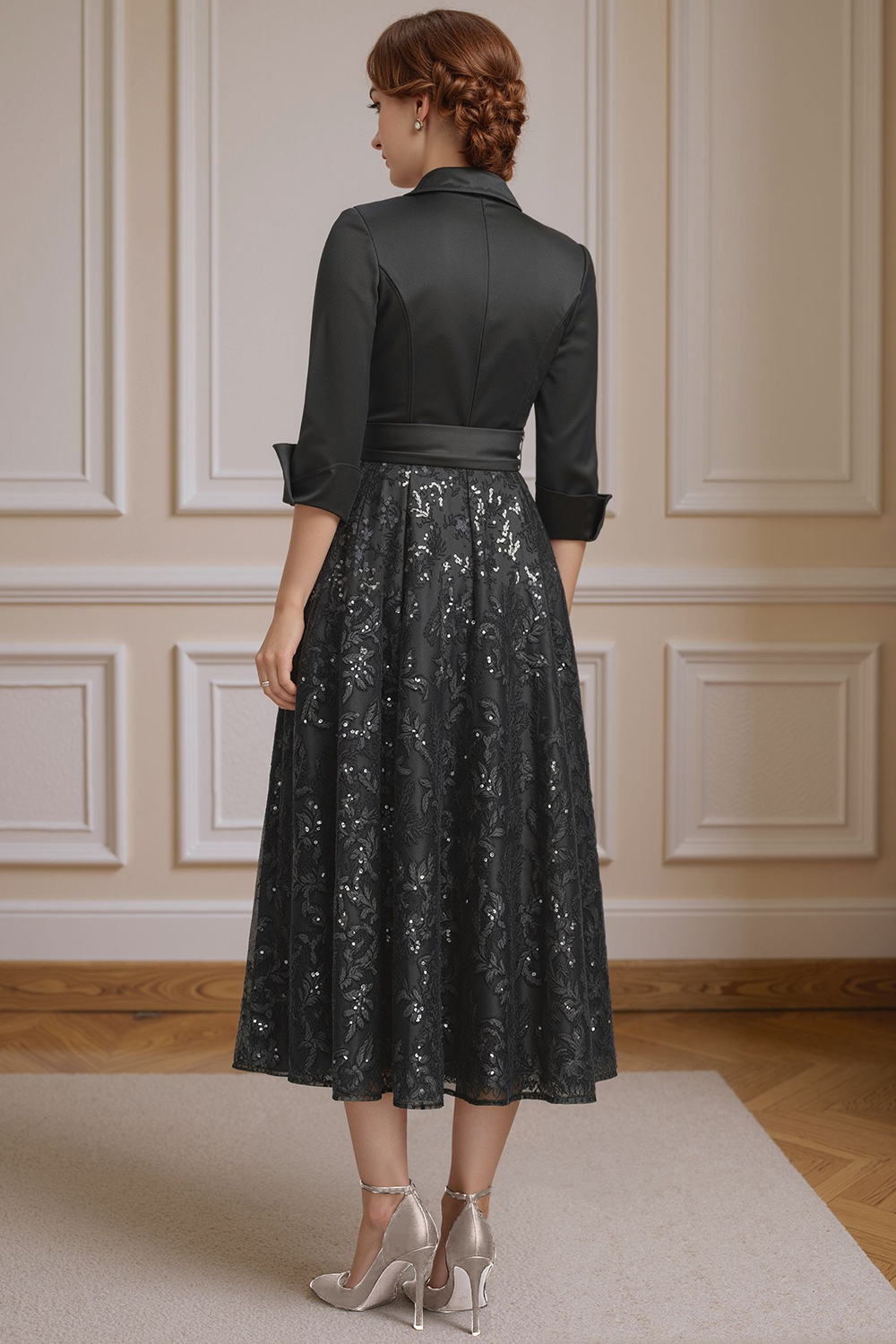 Sparkly Black Sequins Corset Tea-Length Mother of the Bride Dress with Bow