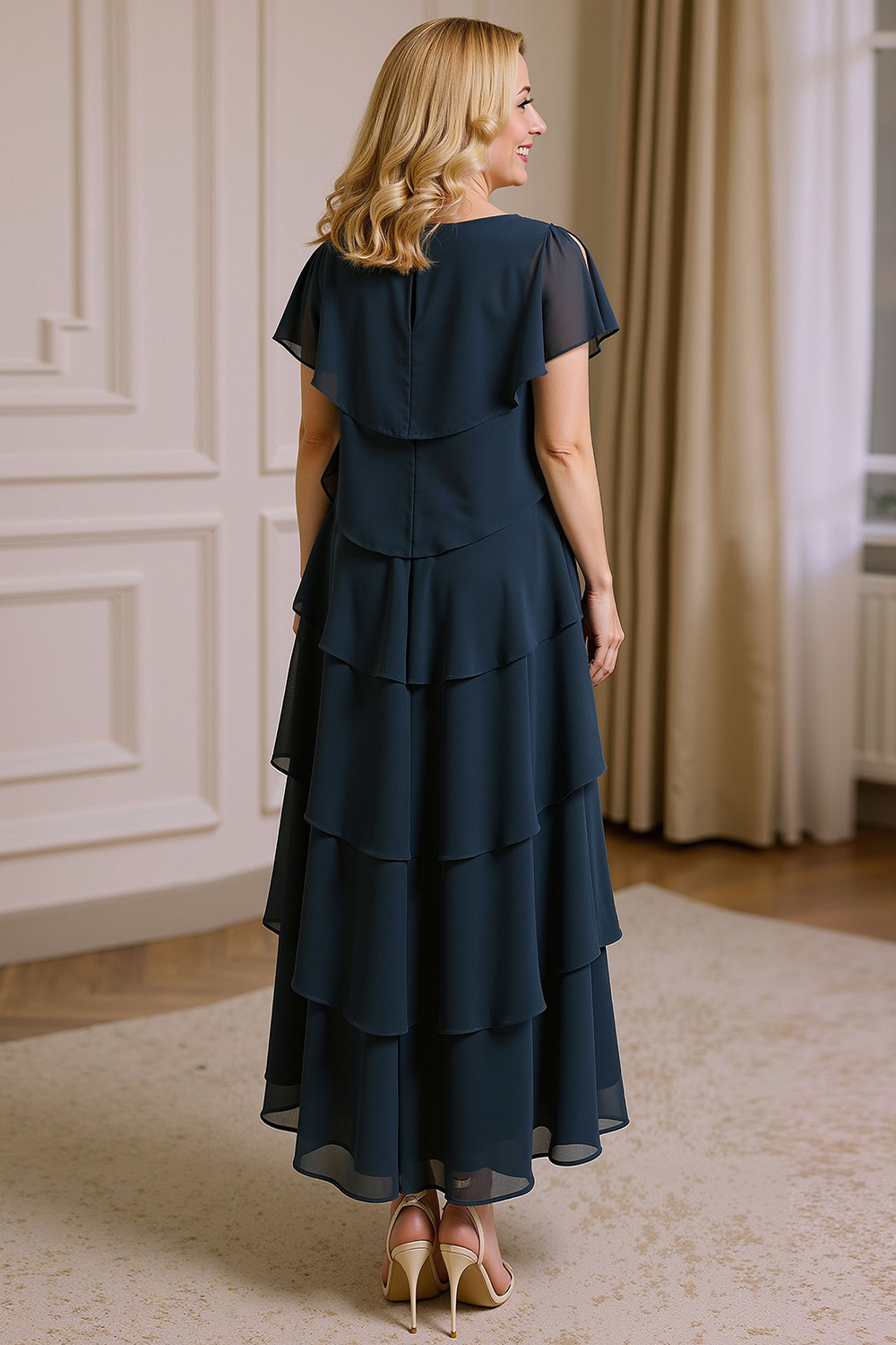 Navy A Line Boat Neck Tiered Tea-Length Mother of the Bride Dress