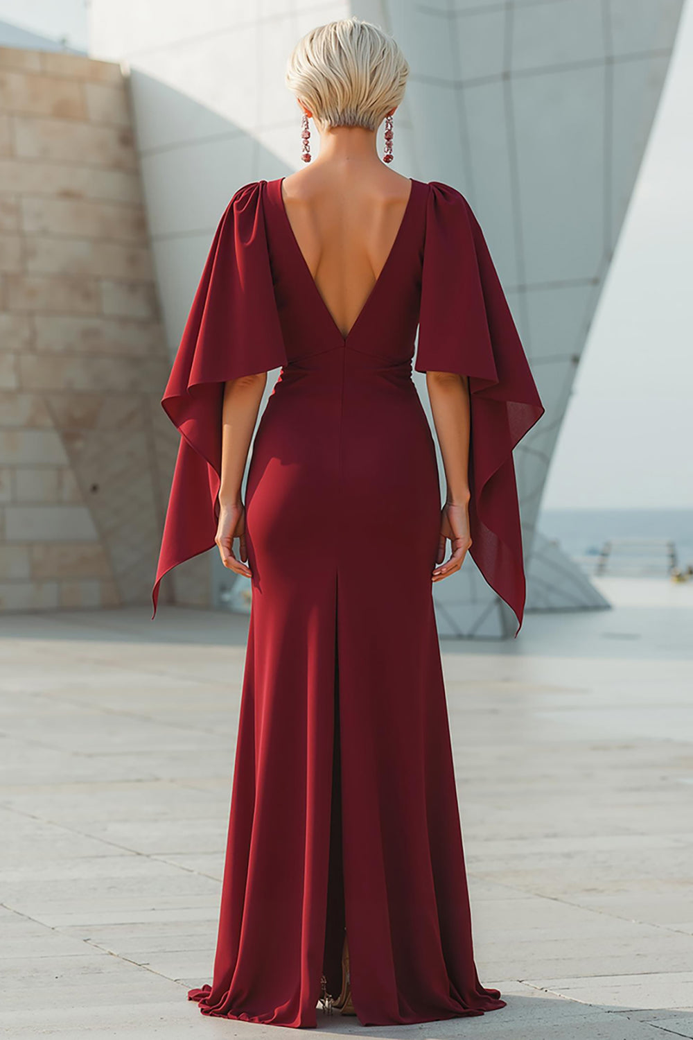 Flowy Burgundy Mermaid Floor-Length Mother of the Bride Dress with Cape