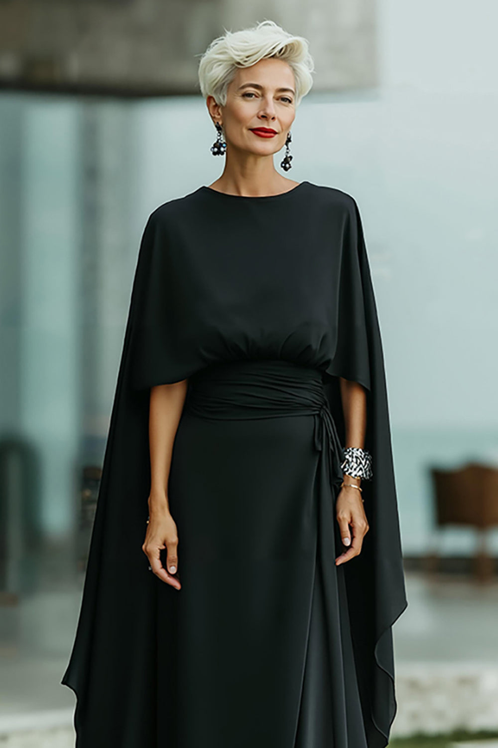 Black Round Neck Floor-Length Mother of the Bride Dress with Cape