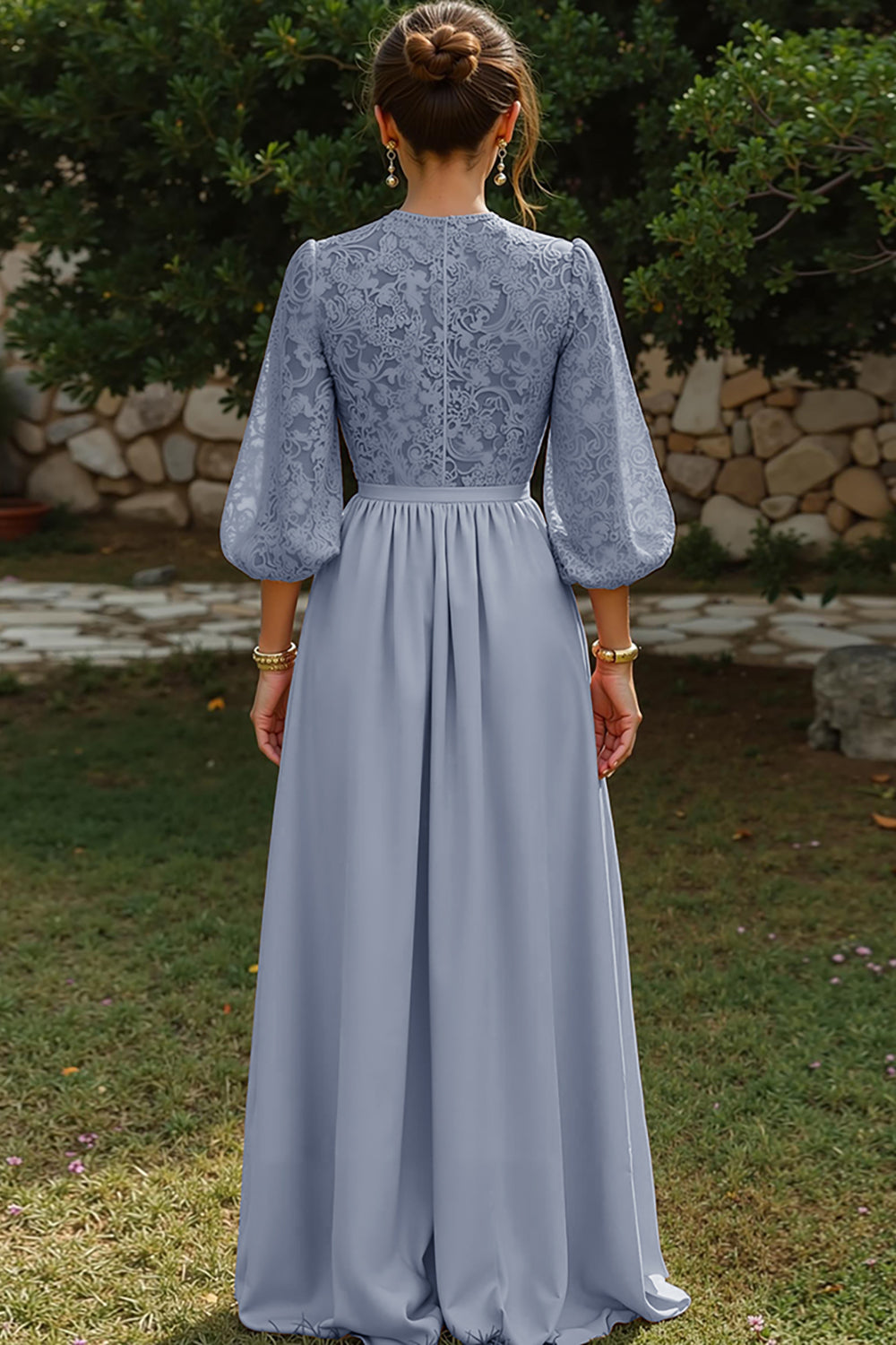 Dusty Blue Puff Sleeves A Line Keyhole Floor-Length Mother of the Bride Dress