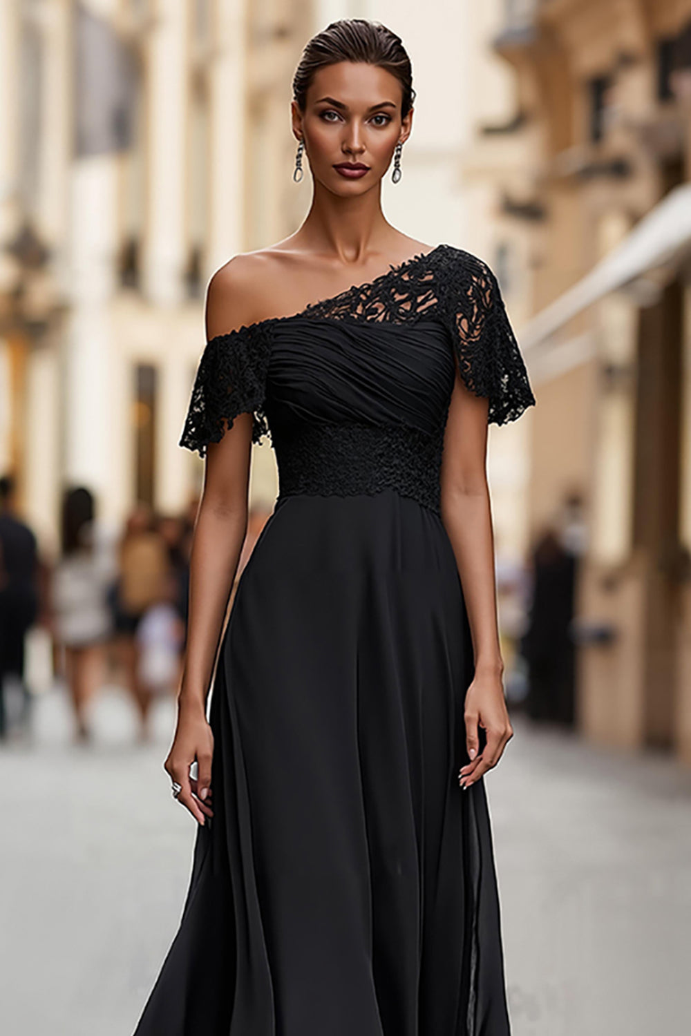 Black A-Line One Shoulder Floor-Length Mother of the Bride Dress with Lace
