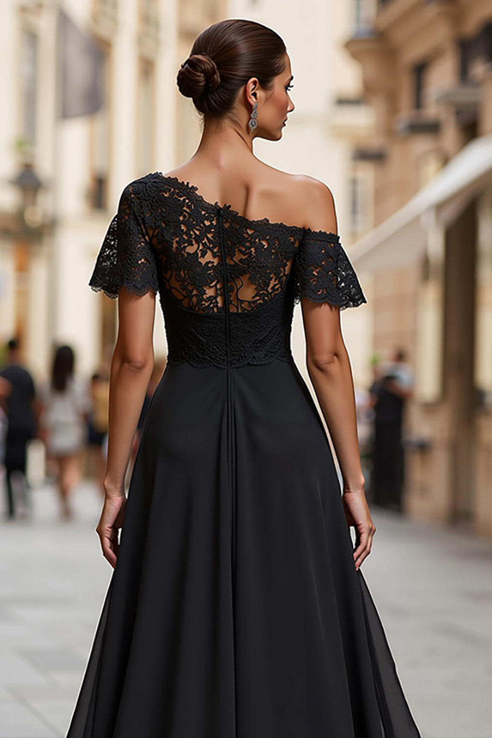 Black A-Line One Shoulder Floor-Length Mother of the Bride Dress with Lace
