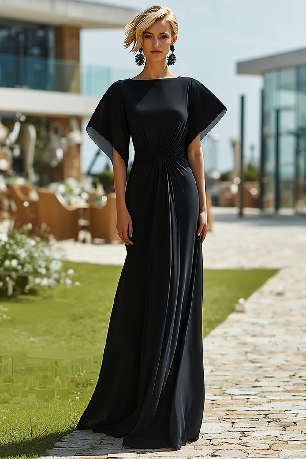 Black A Line Bateau Neck Floor-Length Mother of the Bride Dress
