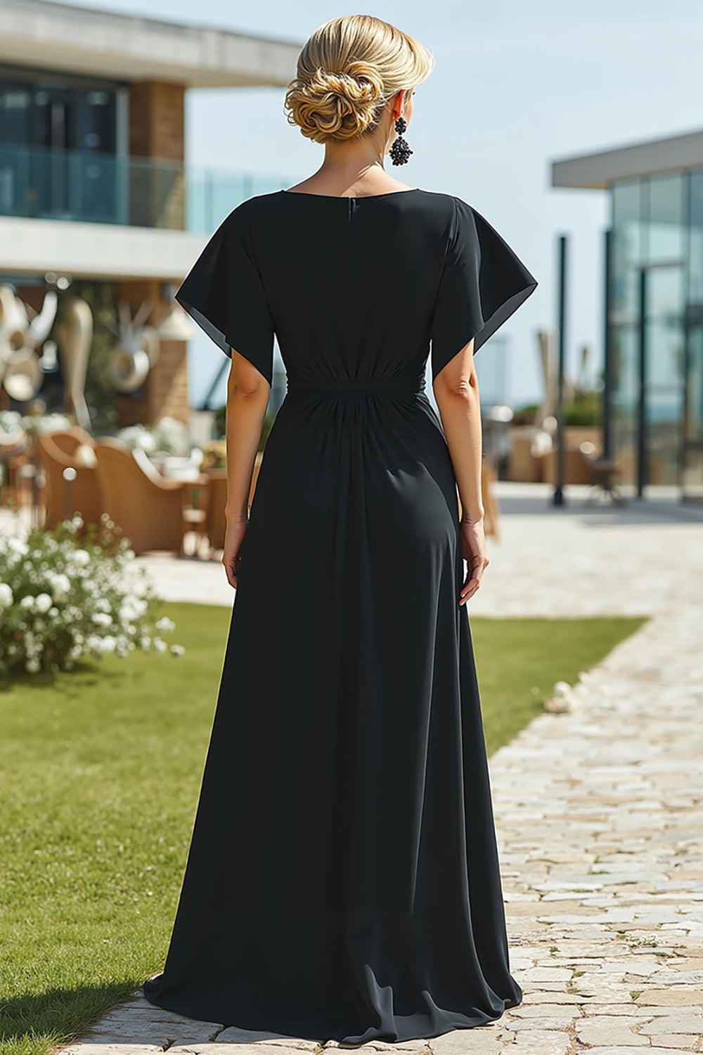 Black A Line Bateau Neck Floor-Length Mother of the Bride Dress