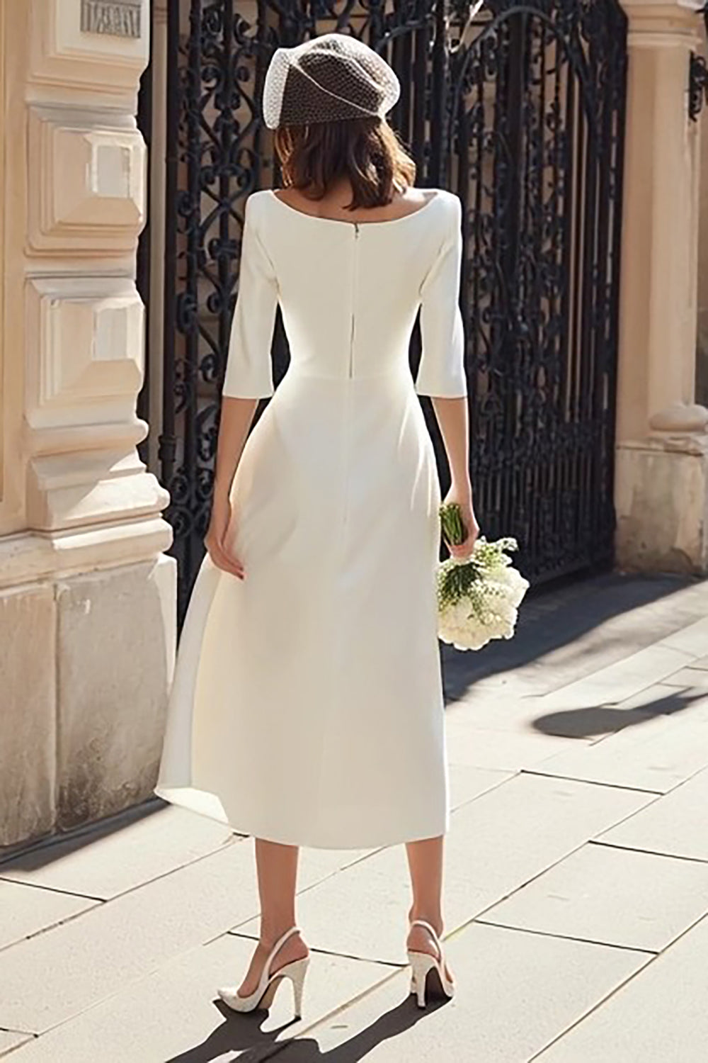 Ivory Satin Boat Neck Midi Wedding Reception Dress with Sleeves