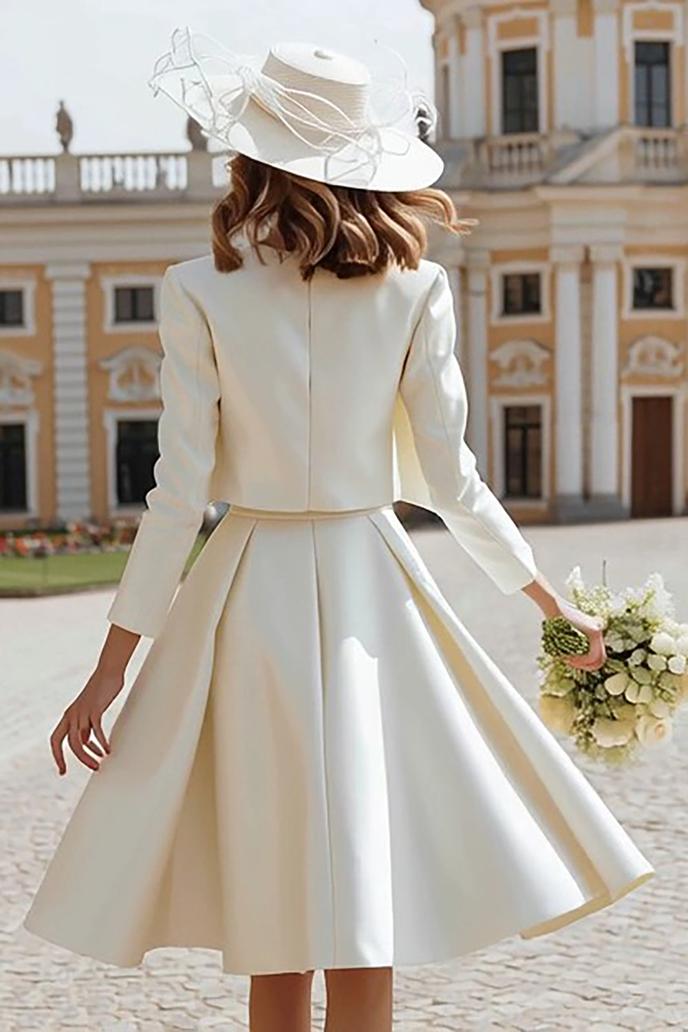 2 Piece Ivory Satin Boat Neck Midi Bridal Shower Dress with Jacket