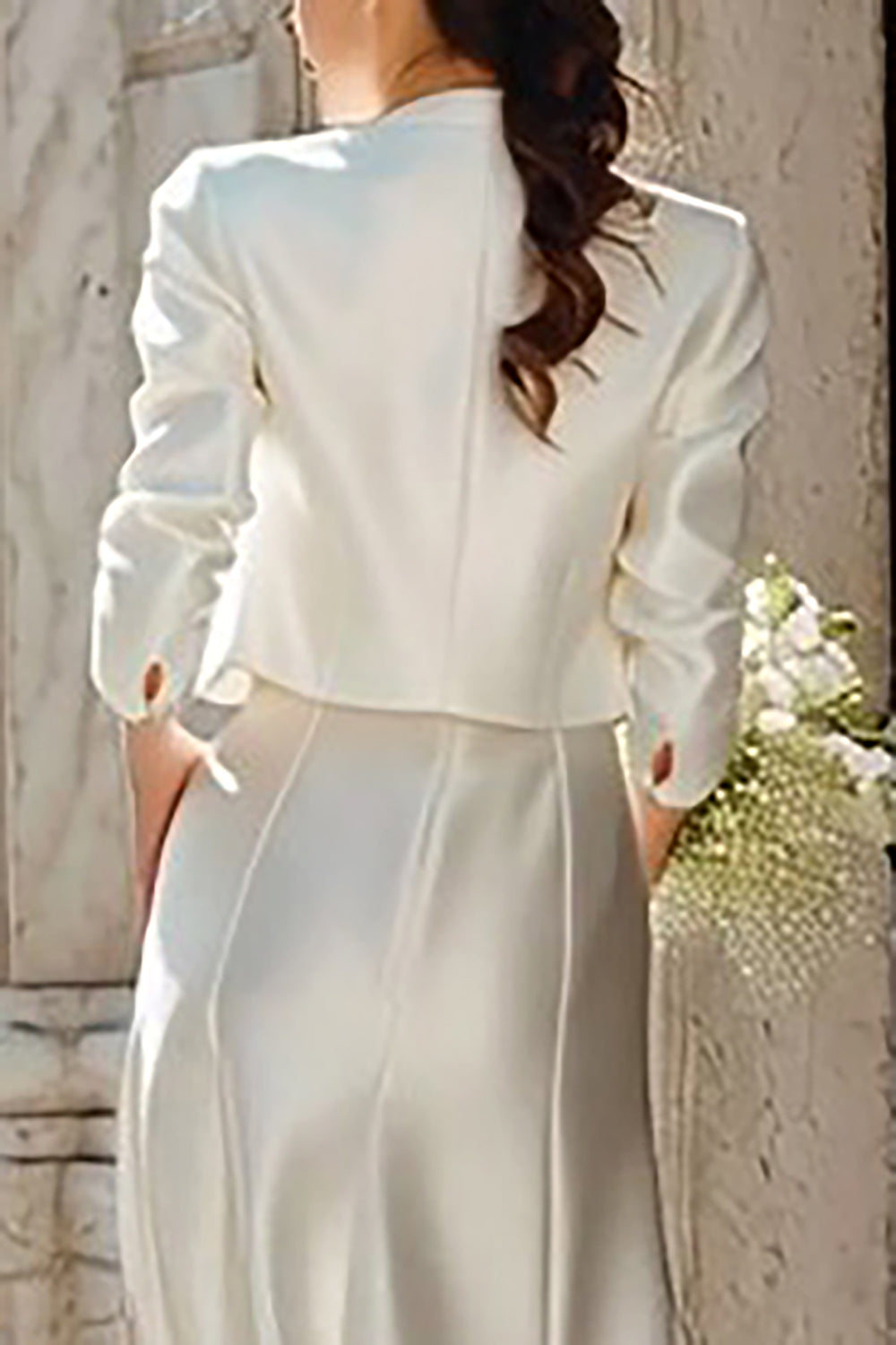 2 Piece Ivory Satin V Neck Sheath Floor Length Rehearsal Dinner Dress with Jacket