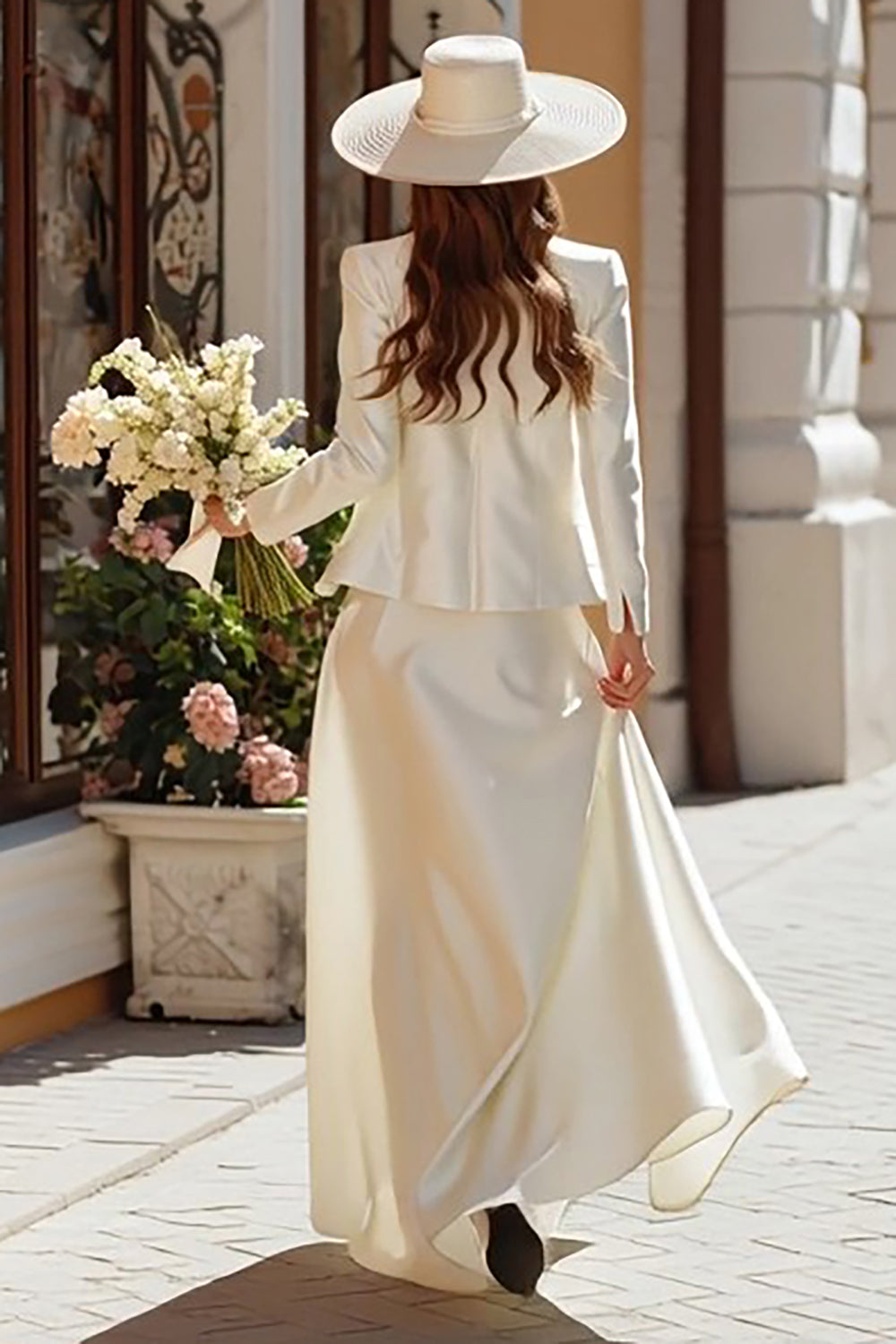 Ivory Satin 2 Piece A Line Corset Long Rehearsal Dinner Dress with Jacket