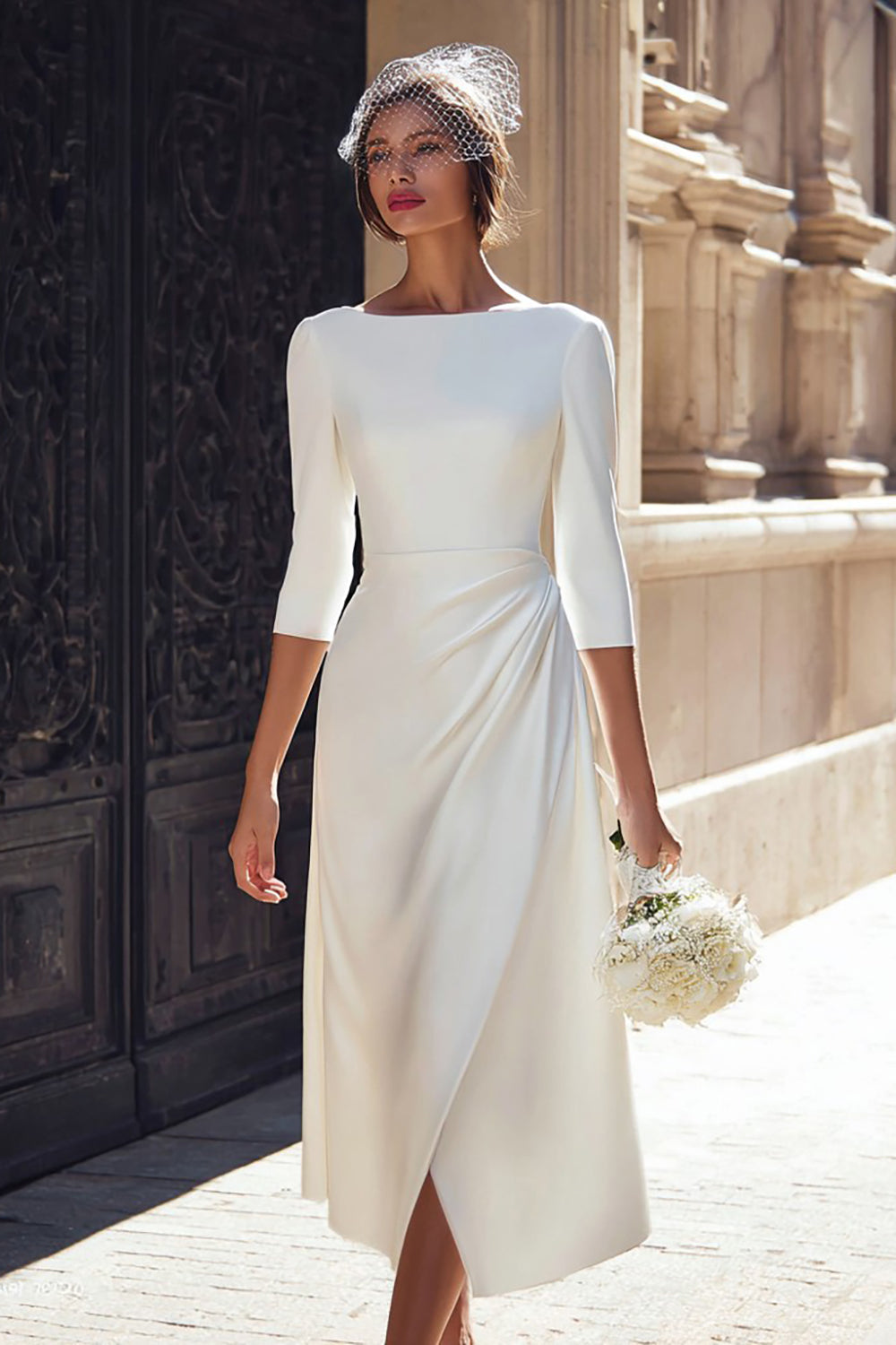 Ivory A Line Satin Bateau Neck Midi Wedding Reception Dress