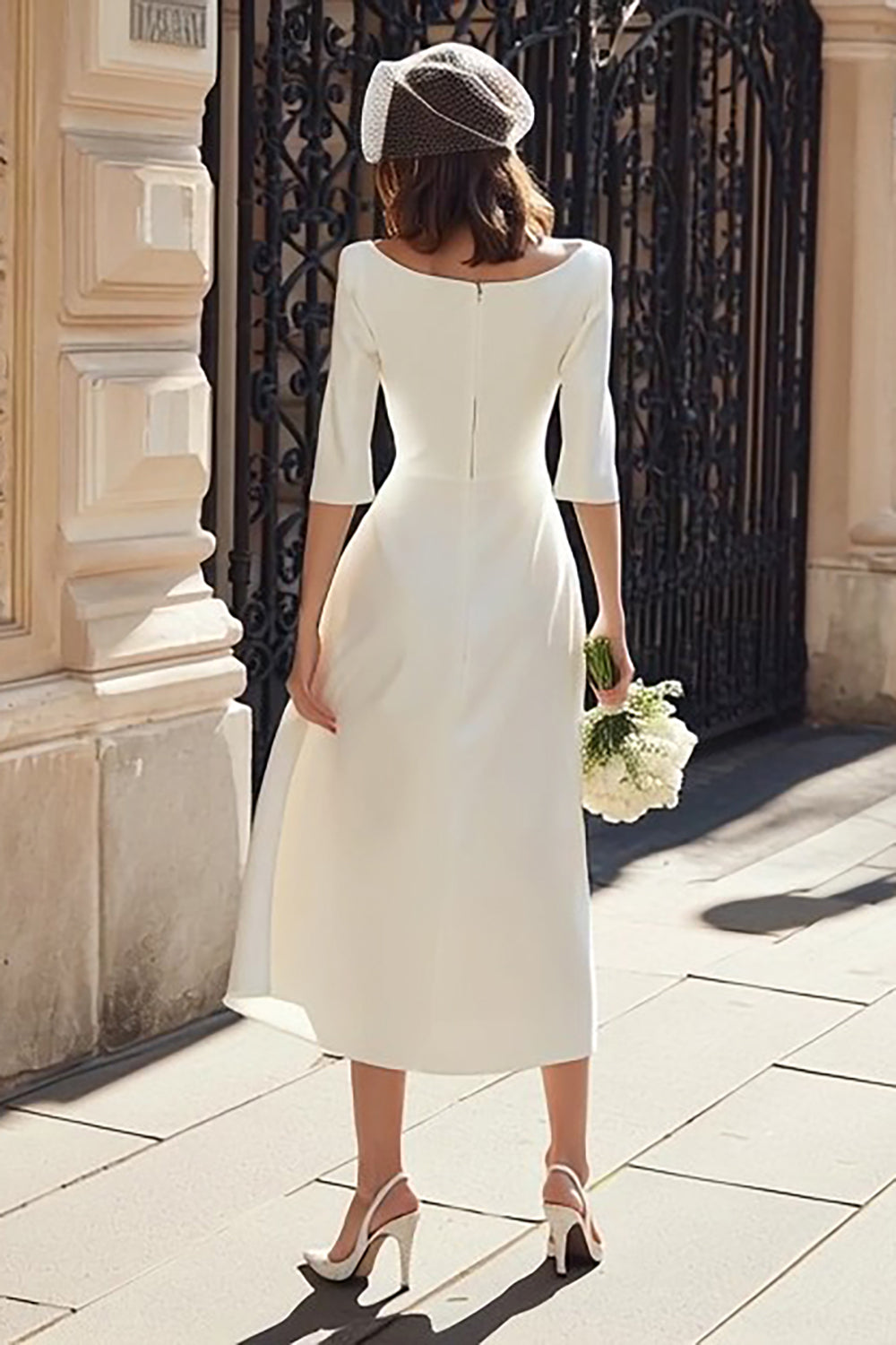 Ivory A Line Satin Bateau Neck Midi Wedding Reception Dress