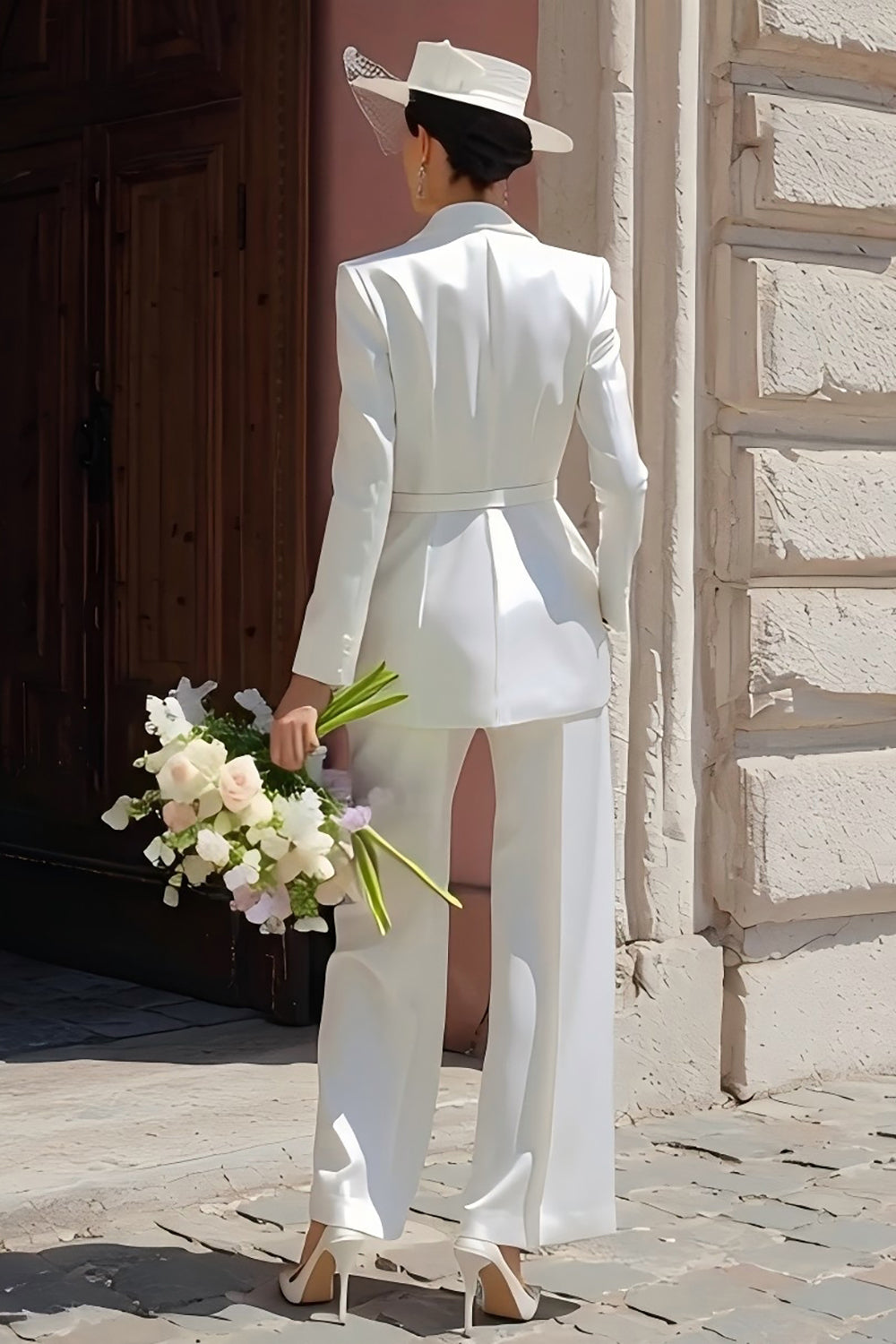 Ivory Satin Notched Lapel Blazer Long Wedding Reception Pant Suits with Belt