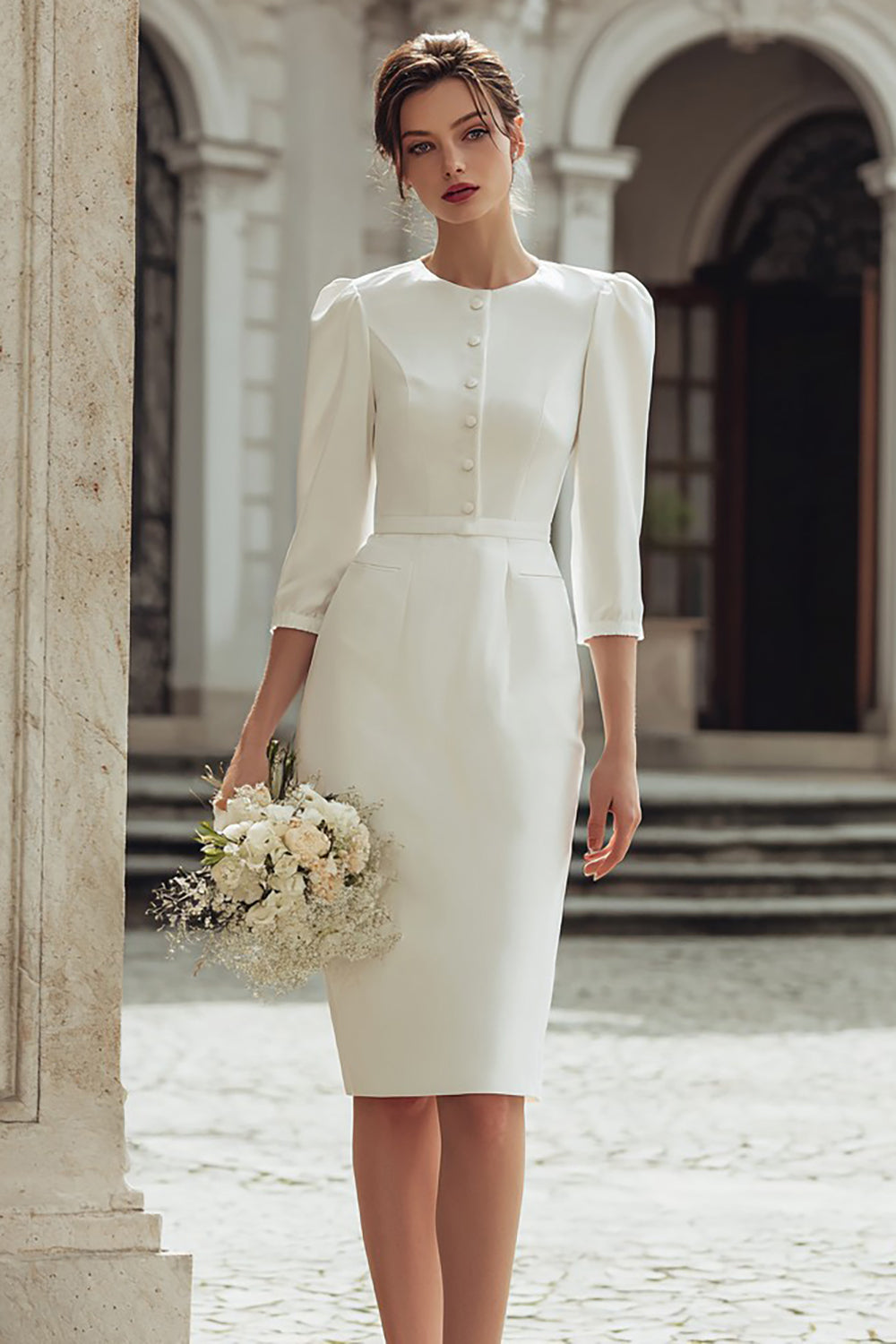 Ivory Bodycon Satin Round Neck Midi Wedding Reception Dress with Sleeves