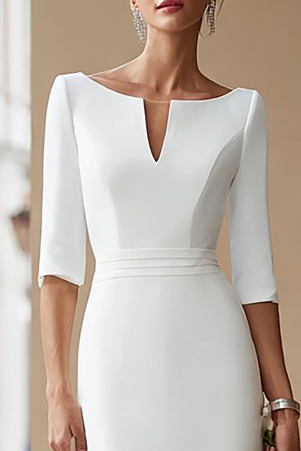 Ivory Bodycon Boat Neck Midi Wedding Reception Dress with Sleeves