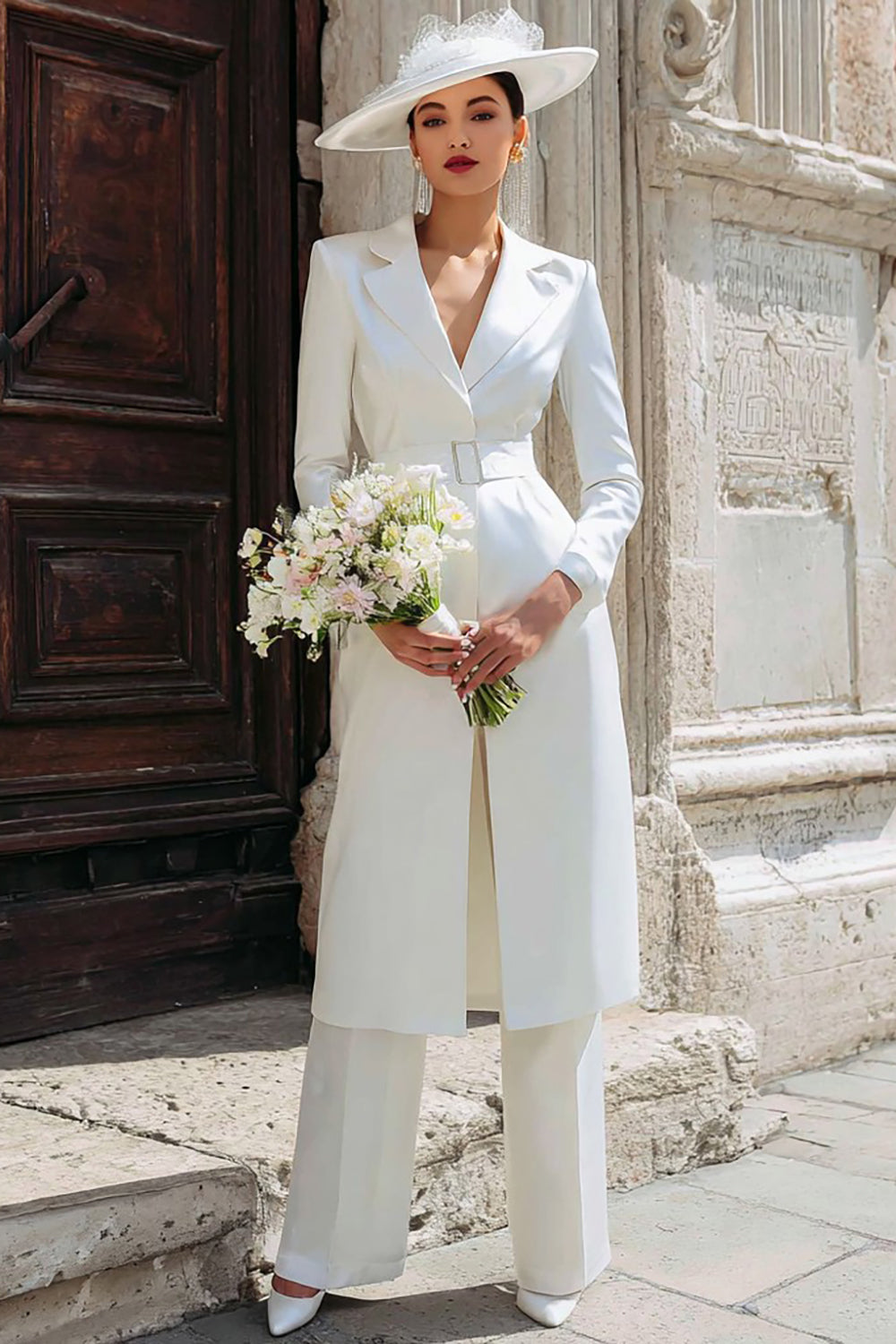 2 Piece Ivory Notched Lapel Long Blazer Wedding Reception Pant Suits with Belt