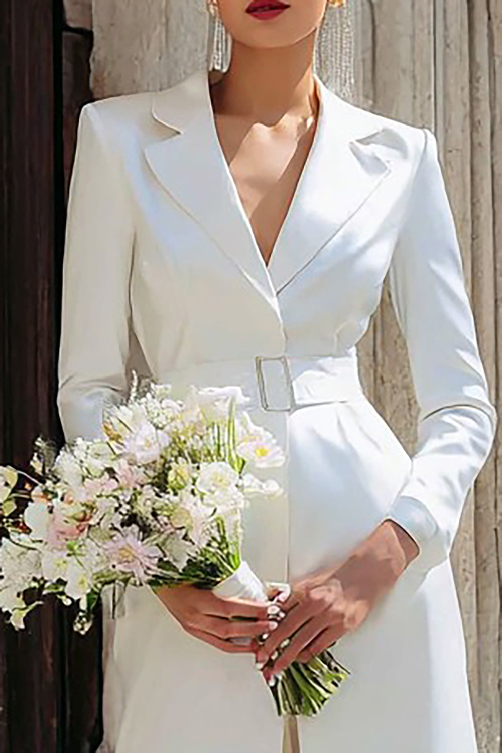 2 Piece Ivory Notched Lapel Long Blazer Wedding Reception Pant Suits with Belt