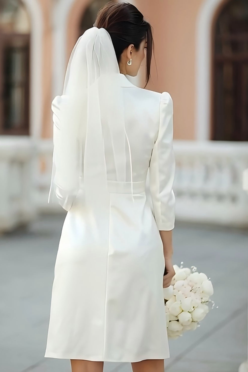 Ivory Satin Notched Lapel A Line Midi Blazer Bridal Shower Dress