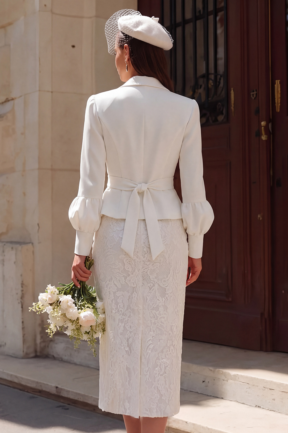 2 Piece Ivory Notched Lapel Bodycon Midi Enegagement Outfits with Sleeves