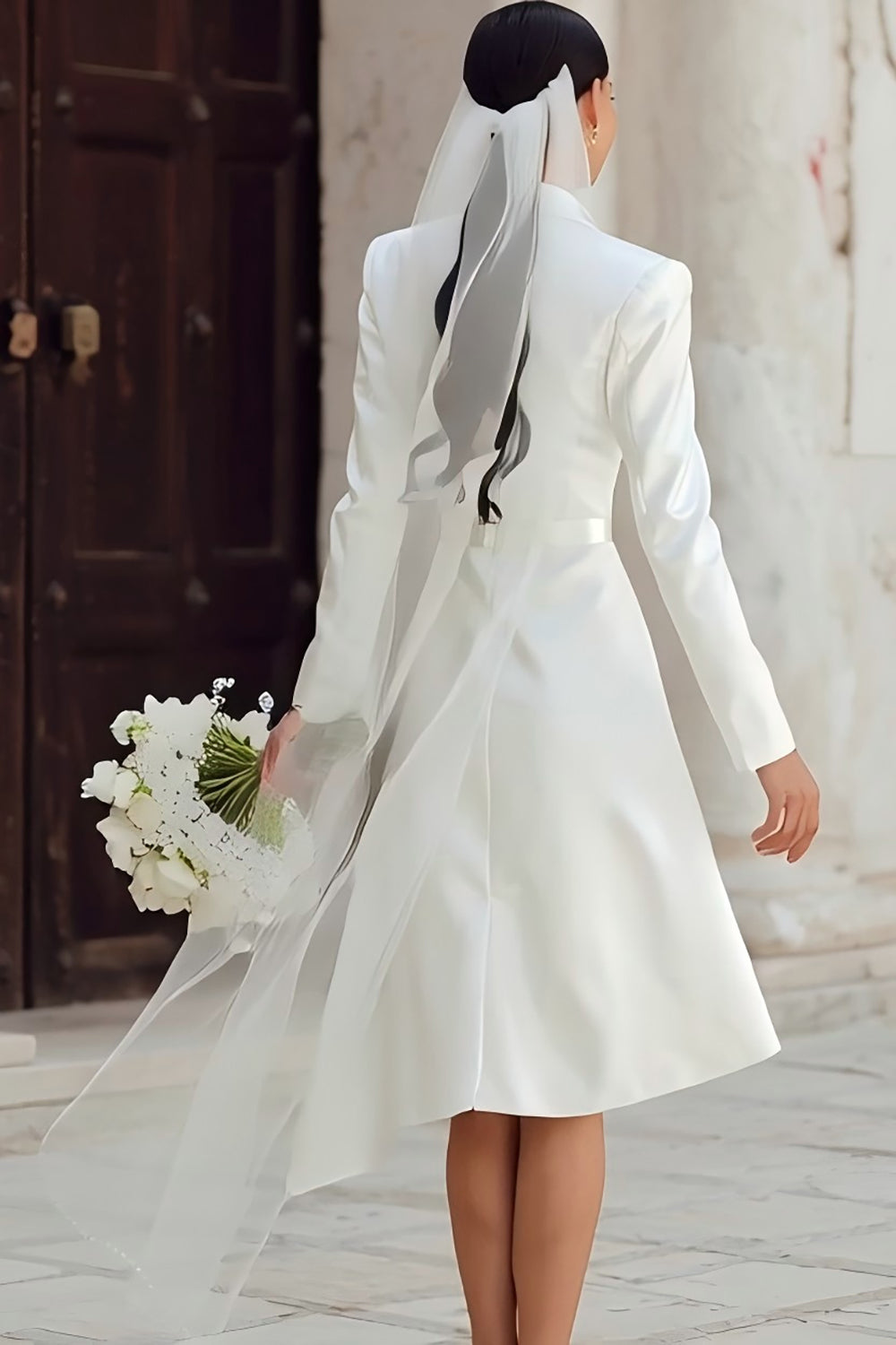 Ivory Shawl Lapel High Low Blazer Bridal Shower Dress with Sleeves