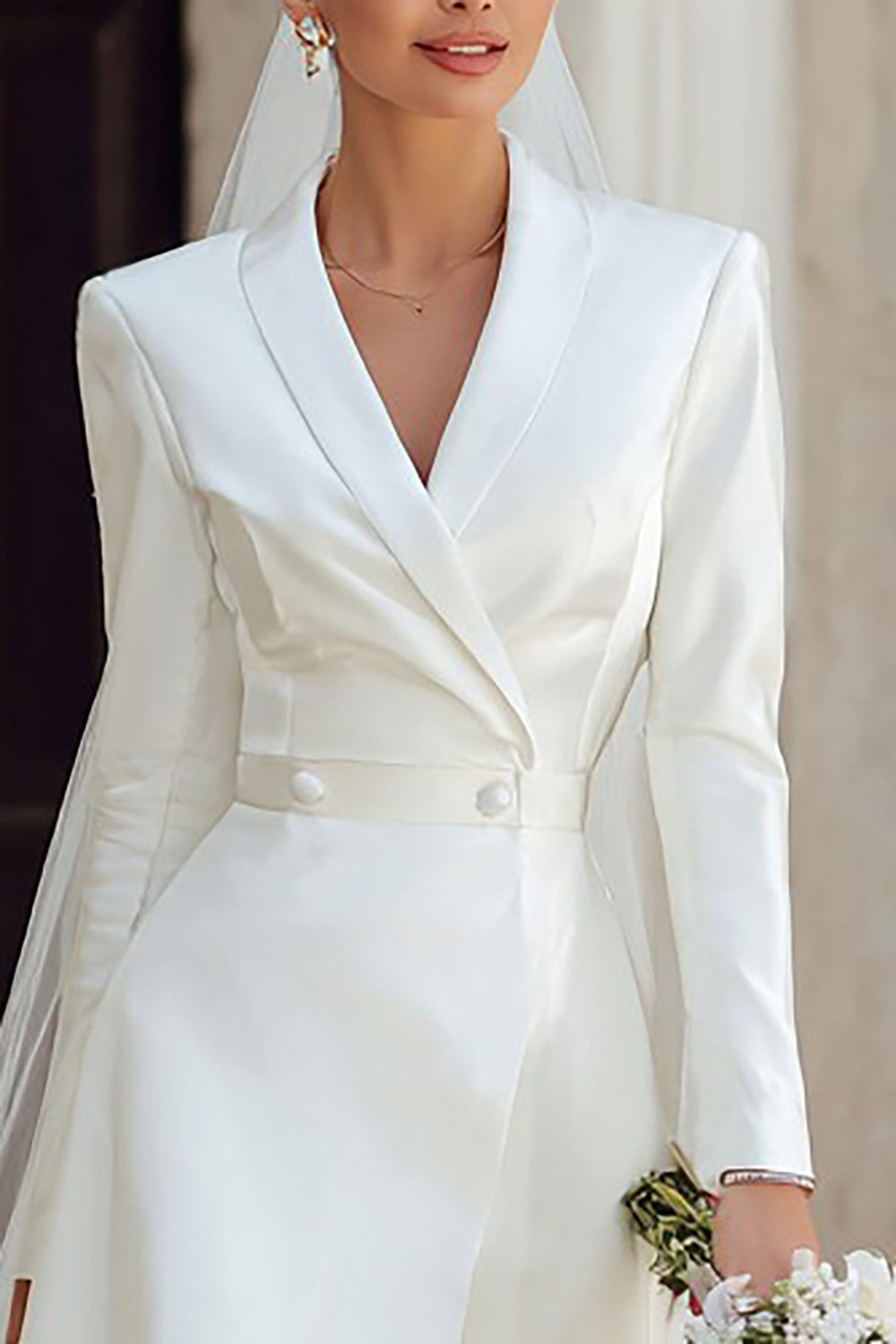 Ivory Shawl Lapel High Low Blazer Bridal Shower Dress with Sleeves