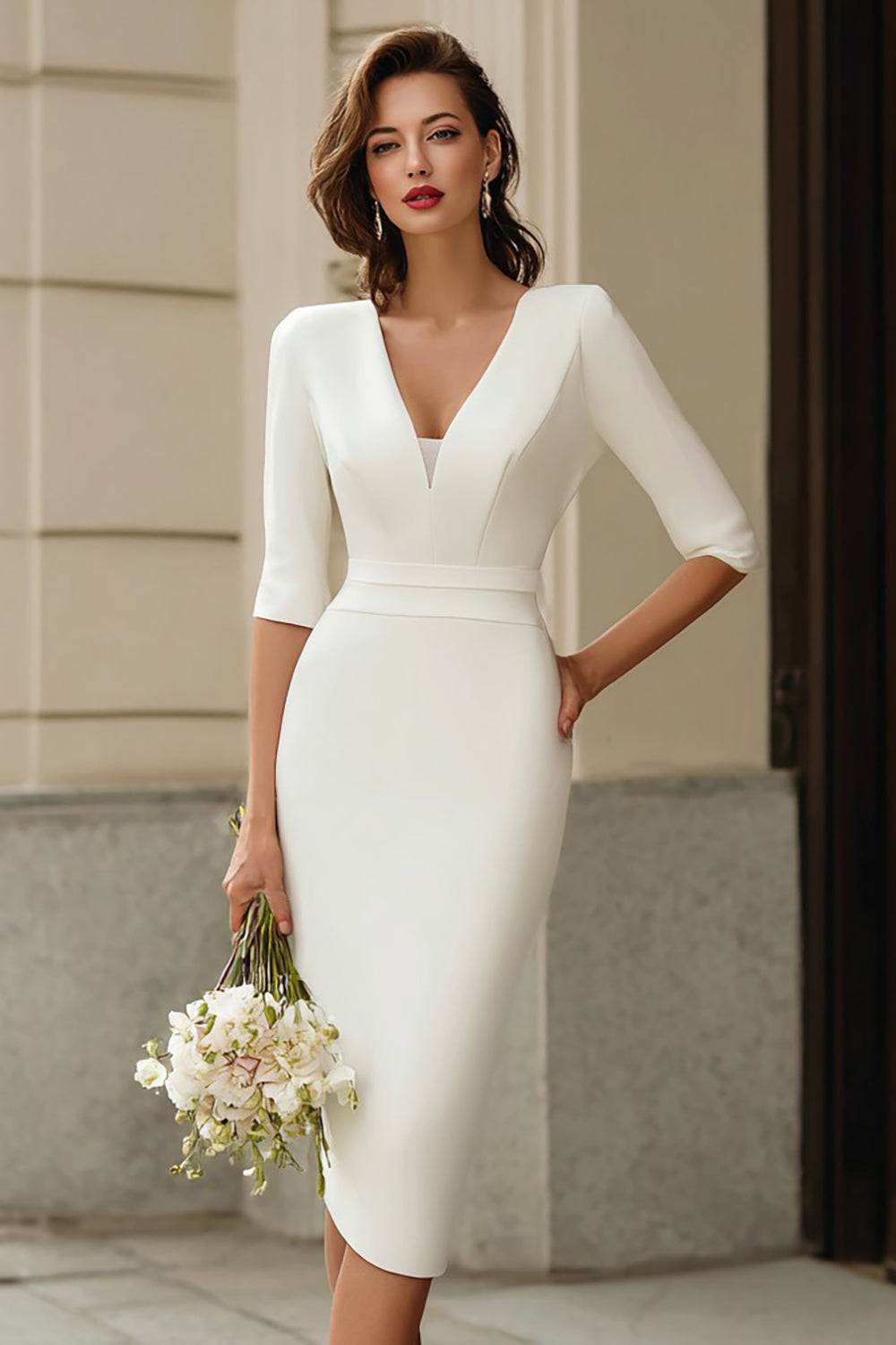 Hellymoon Women Simple Ivory Midi Bridal Shower Dress with Sleeves V-Neck Bodycon Engagement Dress