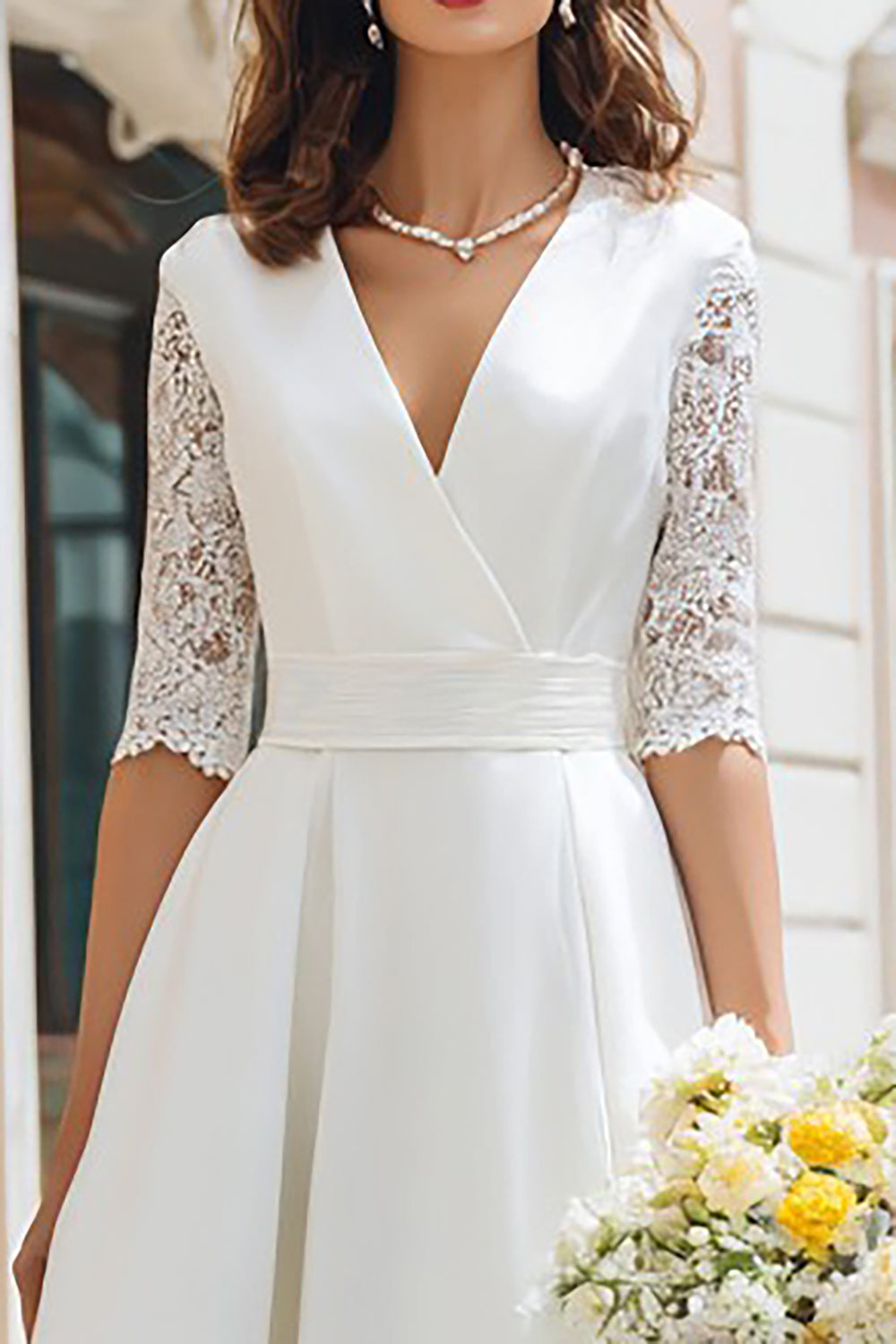 Ivory A Line Satin V-Neck Midi Wedding Reception Dress with Sleeves
