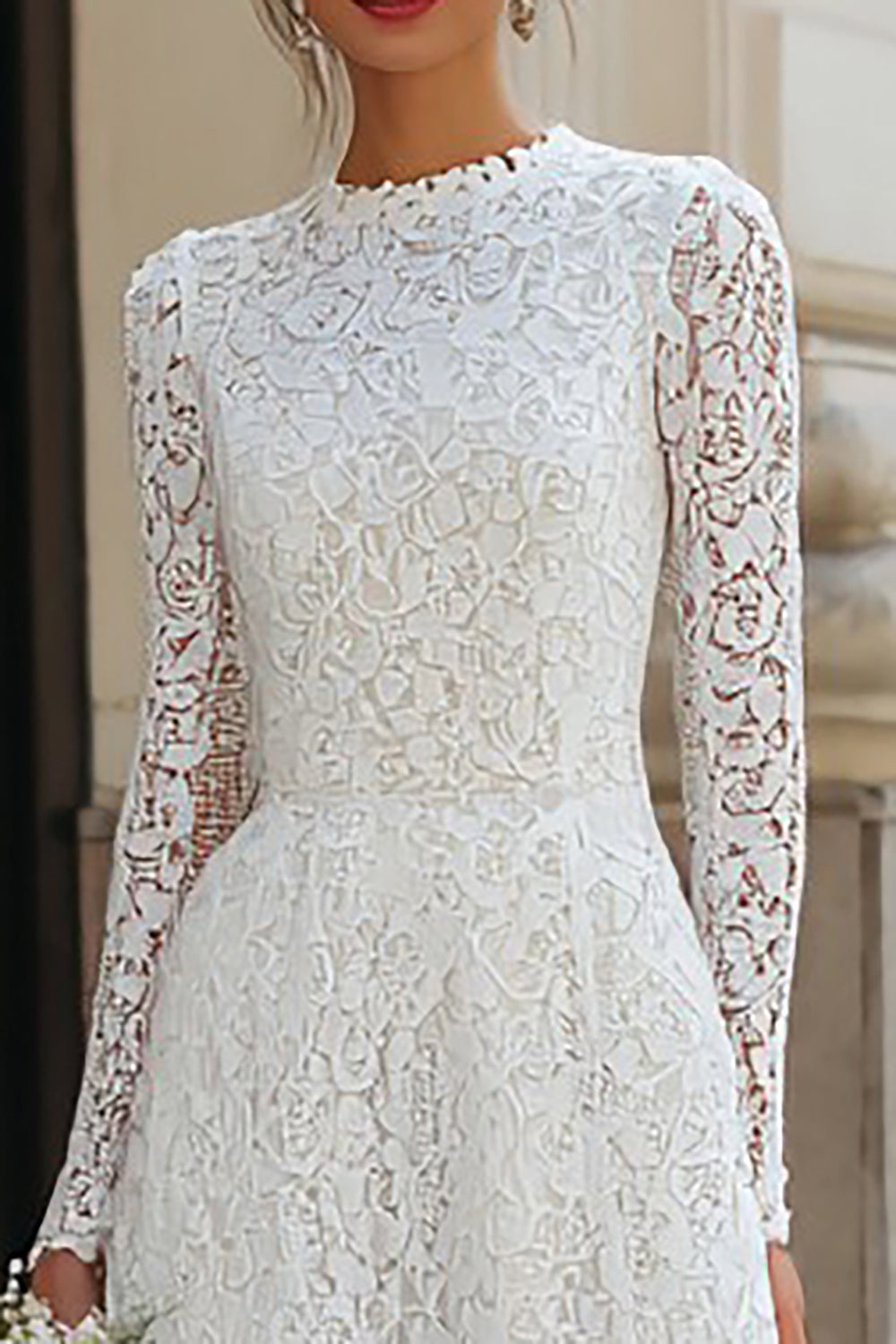 Ivory Lace A Line Round Neck Long Sleeves Wedding Reception  Dress