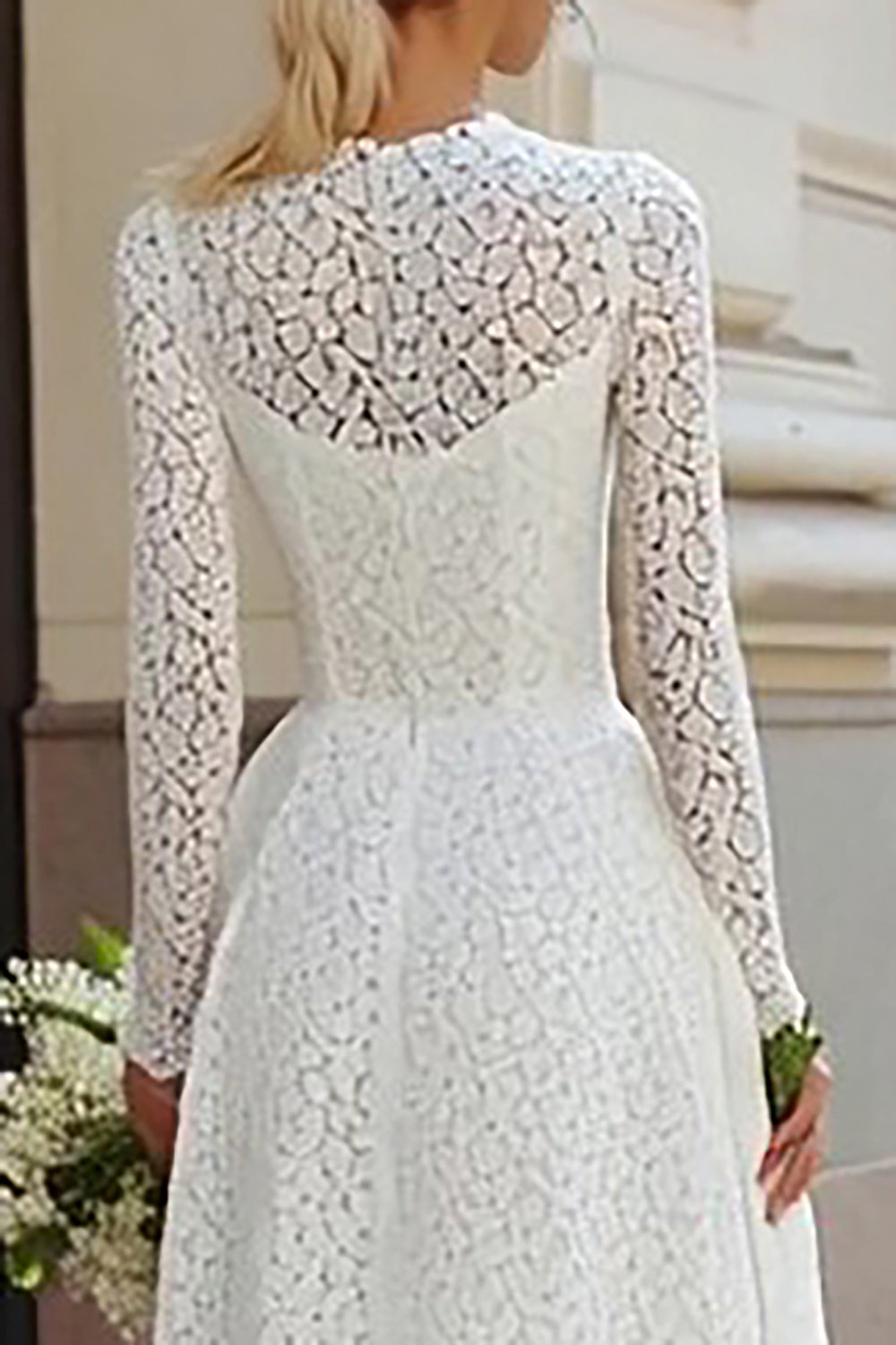 Ivory Lace A Line Round Neck Long Sleeves Wedding Reception  Dress