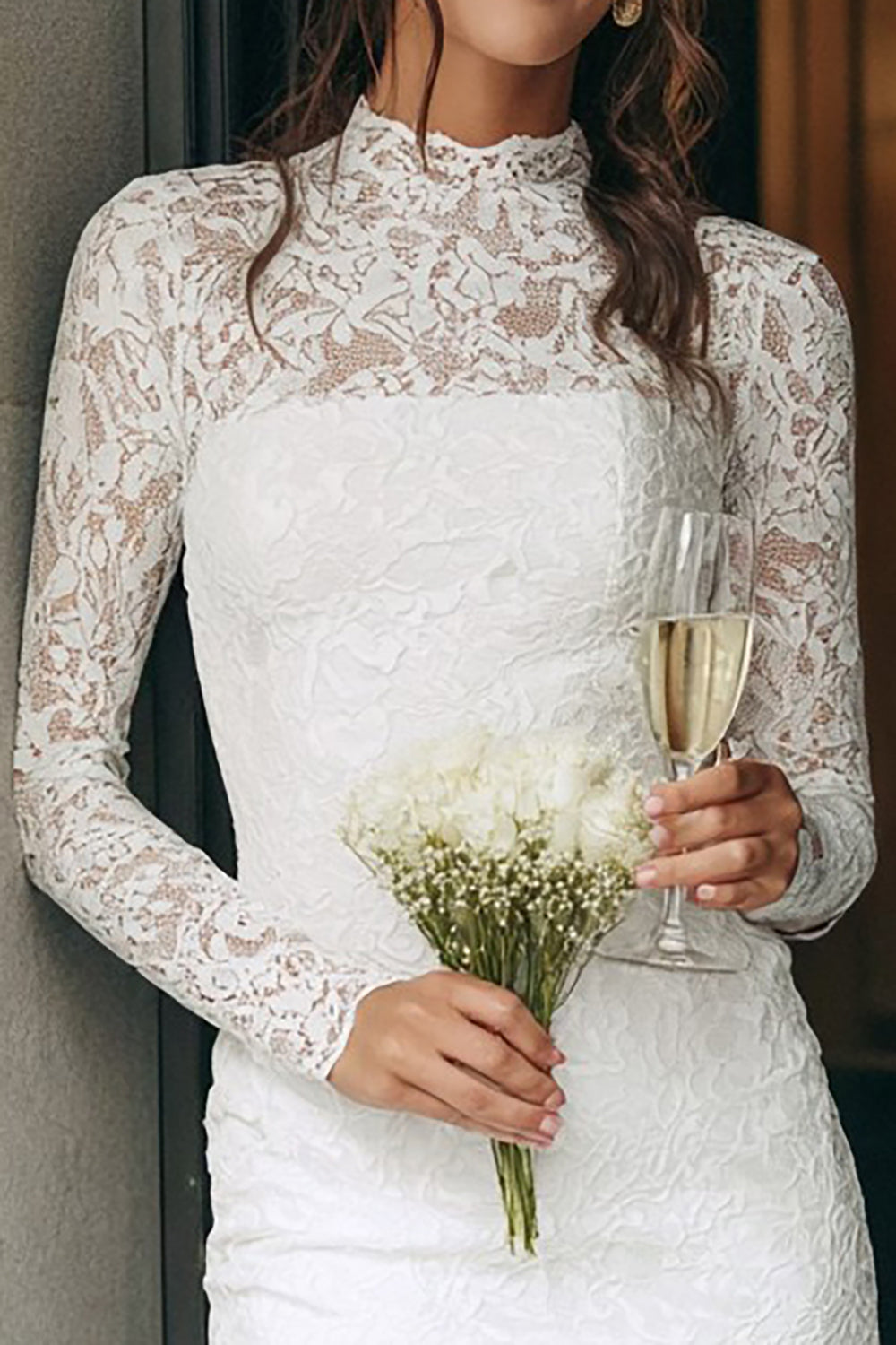 Vintage Ivory Bodycon High Neck Lace Long Sleeves Bridal Shower Dress