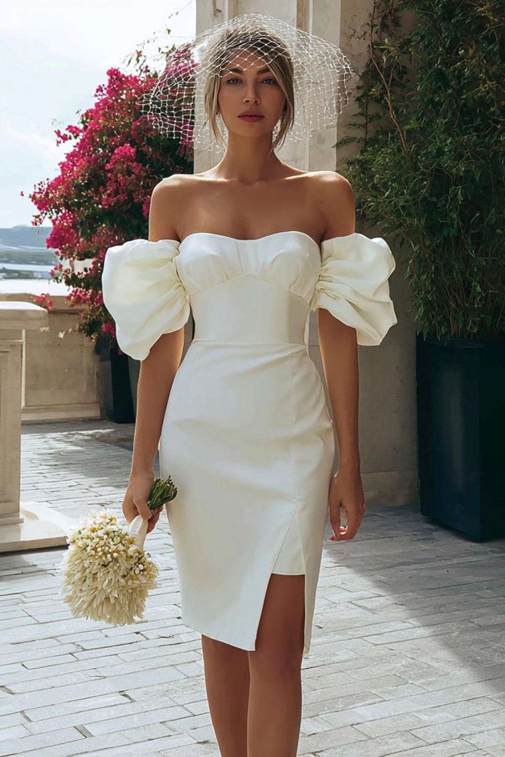 Ivory Satin Bodycon Off the Shoulder Short Bridal Shower Dress with Slit