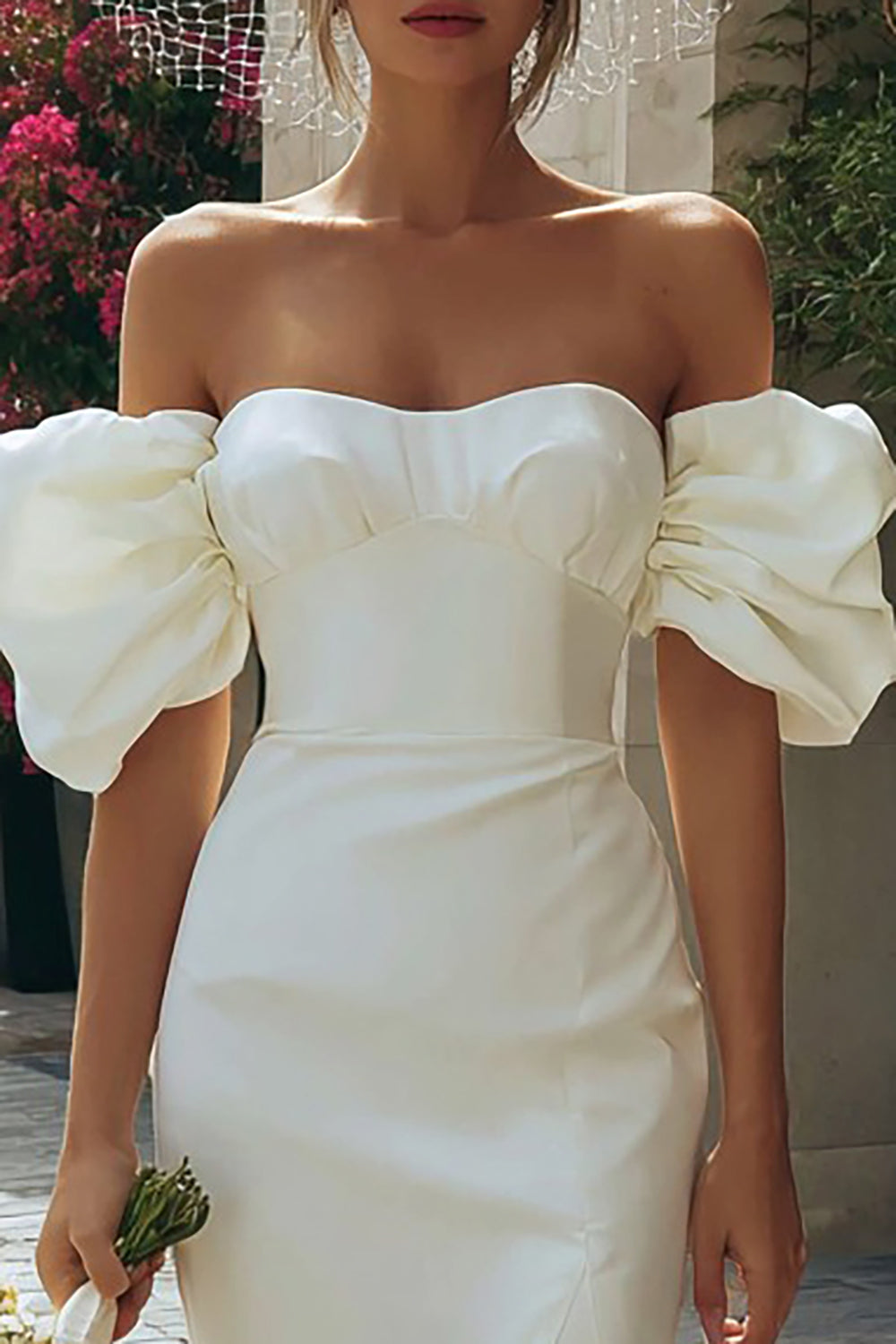 Ivory Satin Bodycon Off the Shoulder Short Bridal Shower Dress with Slit