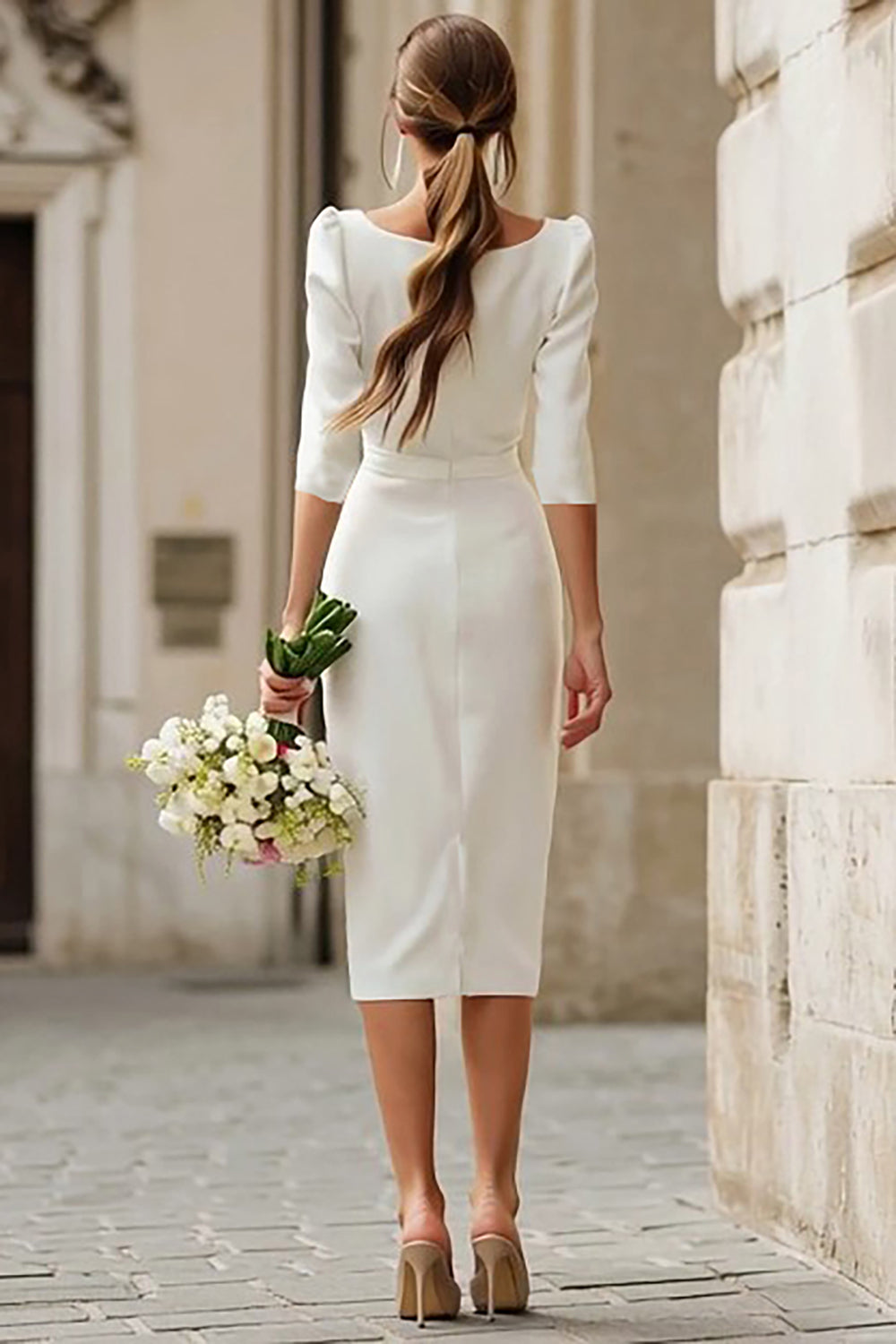 Simple Ivory Satin Bodycon Square Neck Midi Wedding Reception Dress with Sleeves