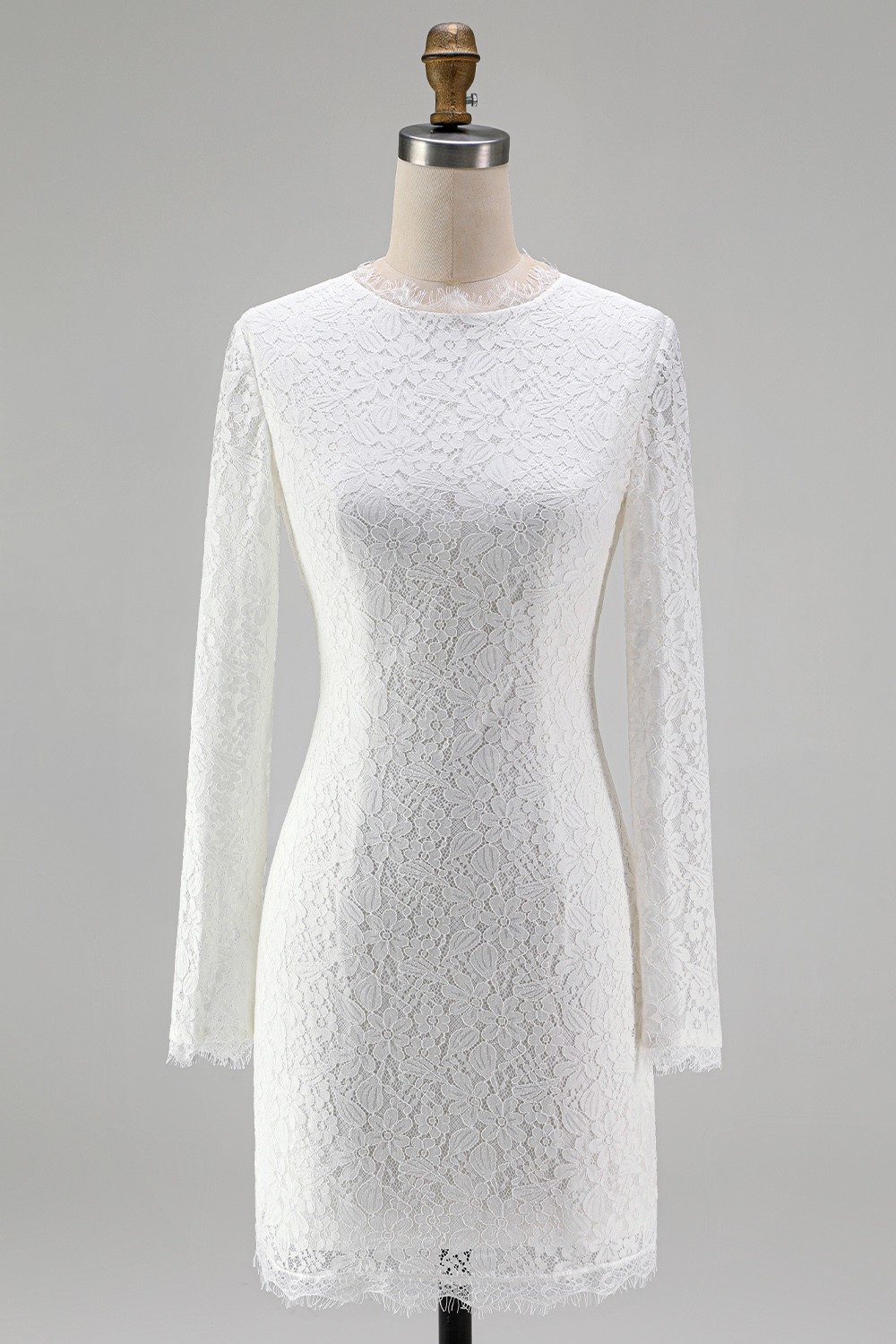 Vintage Ivory Lace High Neck Bodycon Short Bridal Shower Dress with Sleeves