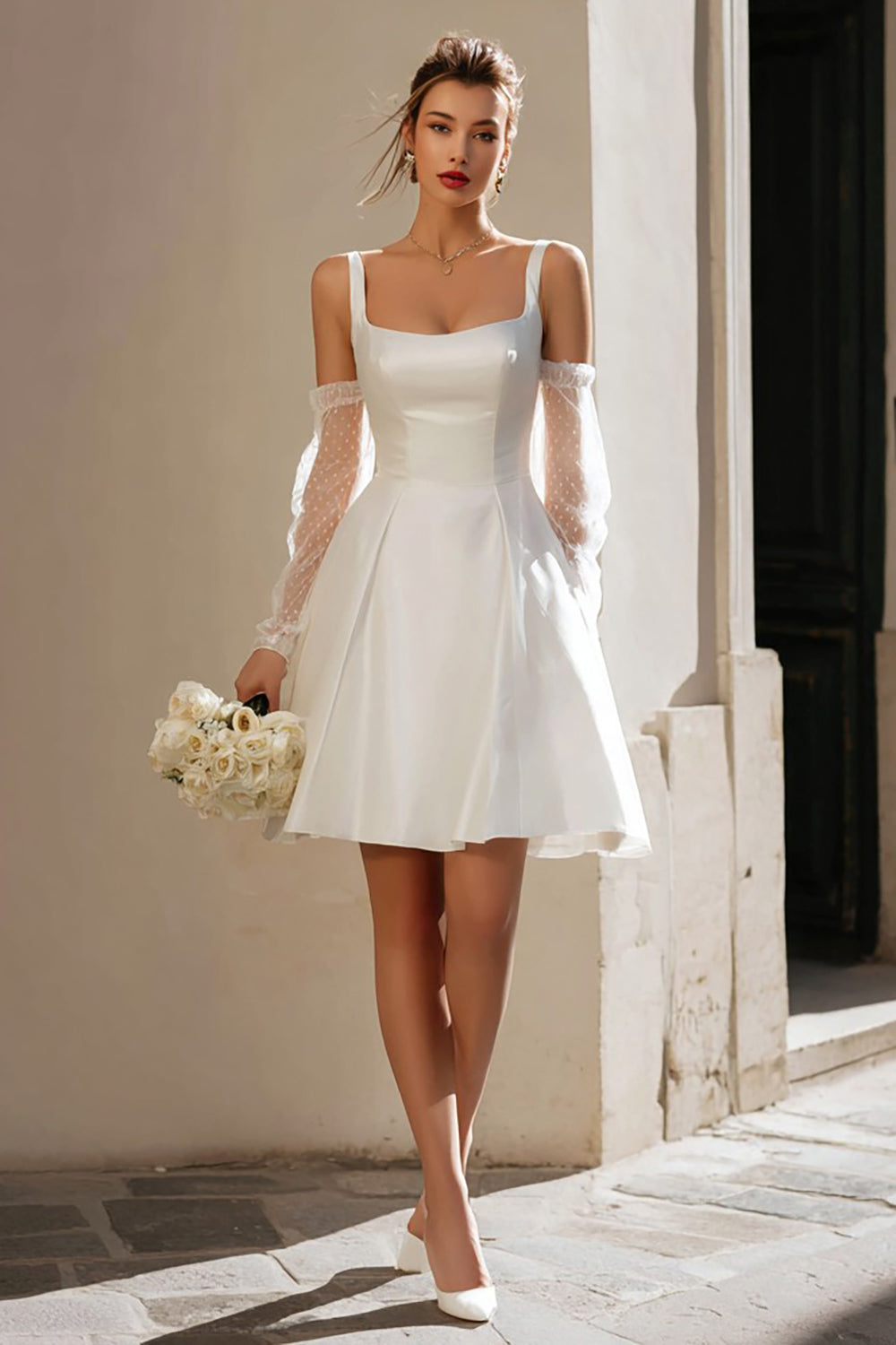 Ivory Satin Thick Straps A Line Short Bridal Shower Dress with Sleeves