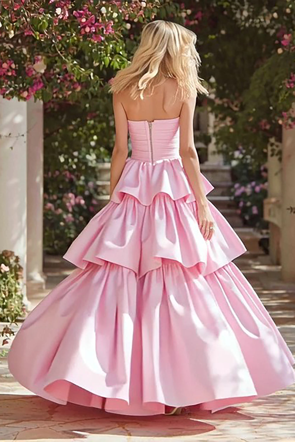 Pink Strapless A-Line Tiered Long Prom Dress