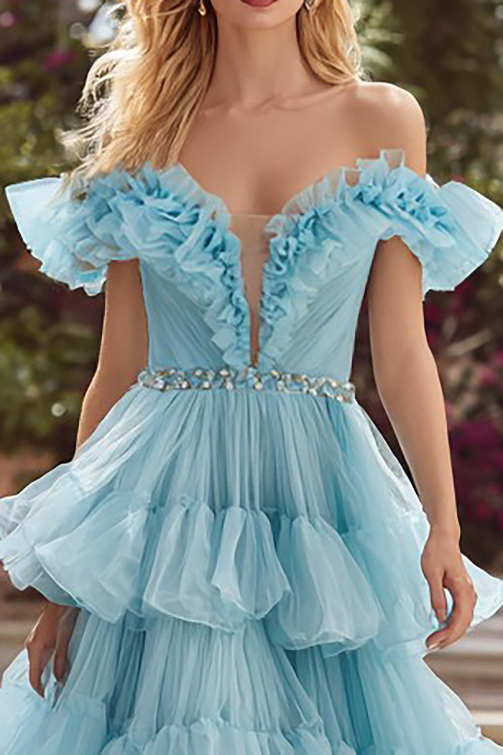 Sparkly Sky Blue Tulle Off the Shoulder Tiered Long Prom Dress with Rhinestones