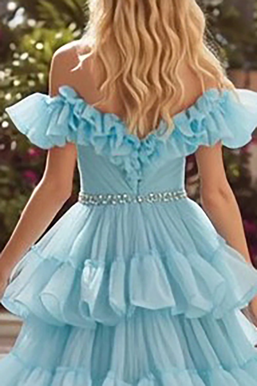 Sparkly Sky Blue Tulle Off the Shoulder Tiered Long Prom Dress with Rhinestones